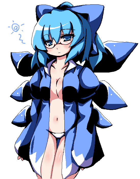 oborotsuki kakeru, cirno, embodiment of scarlet devil, touhou, 1girl, adapted costume, bespectacled, breasts, circled 9, cleavage, female focus, glasses, jacket, navel, open clothes, open jacket, panties, solo, underwear