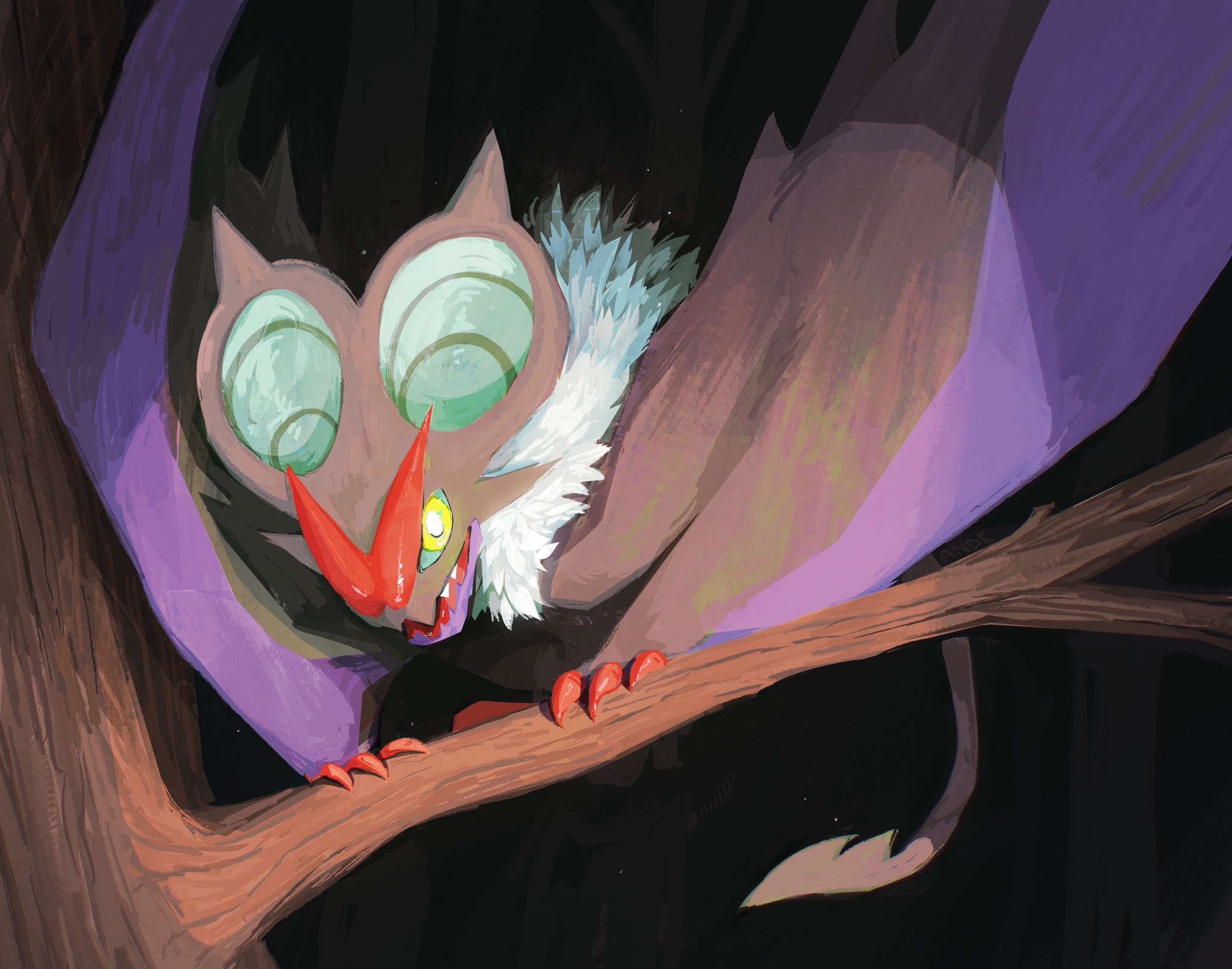 andewitt, noivern, nintendo, pokemon, highres, branch, claws, forest, gen 6 pokemon, looking at viewer, nature, night, no humans, outdoors, pokemon (creature), solo, spotlight, tail, tree, wings
