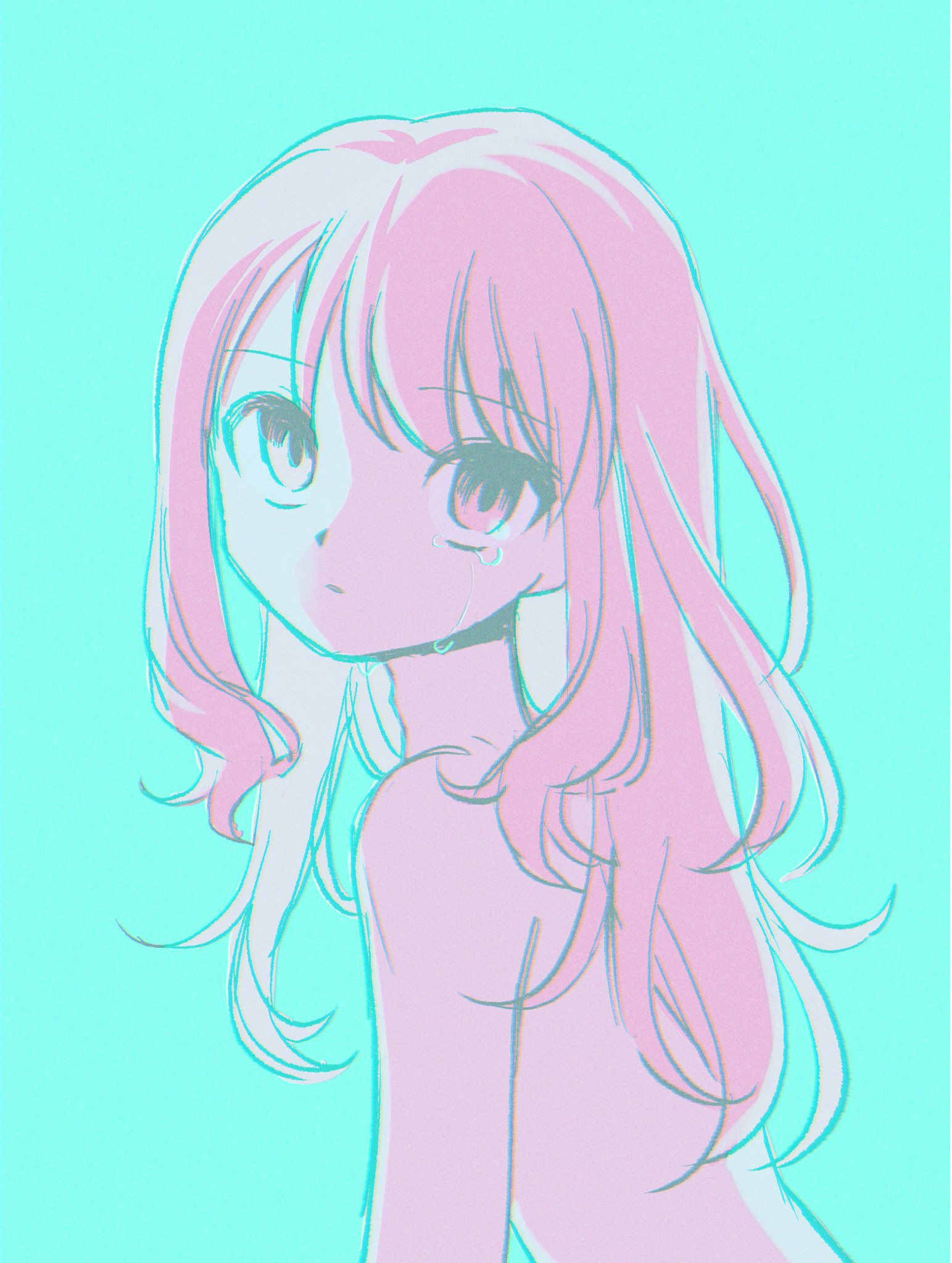 menma (enaic31), akiyama mizuki, project sekai, commentary, highres, 1other, aqua background, chromatic aberration, crying, crying with eyes open, film grain, flat chest, from behind, hair between eyes, hair down, long hair, looking at viewer, looking back, nude, other focus, parted lips, pink hair, sidelocks, simple background, solo, swept bangs, tears, tears from one eye, upper body, upturned eyes