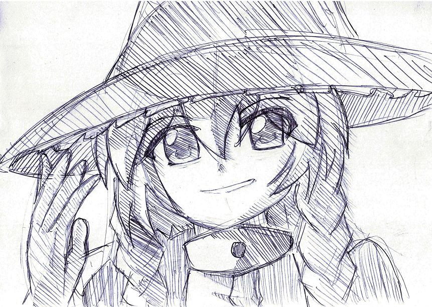 kirisame marisa, touhou, self-upload, 1girl, female focus, greyscale, monochrome, sketch, solo