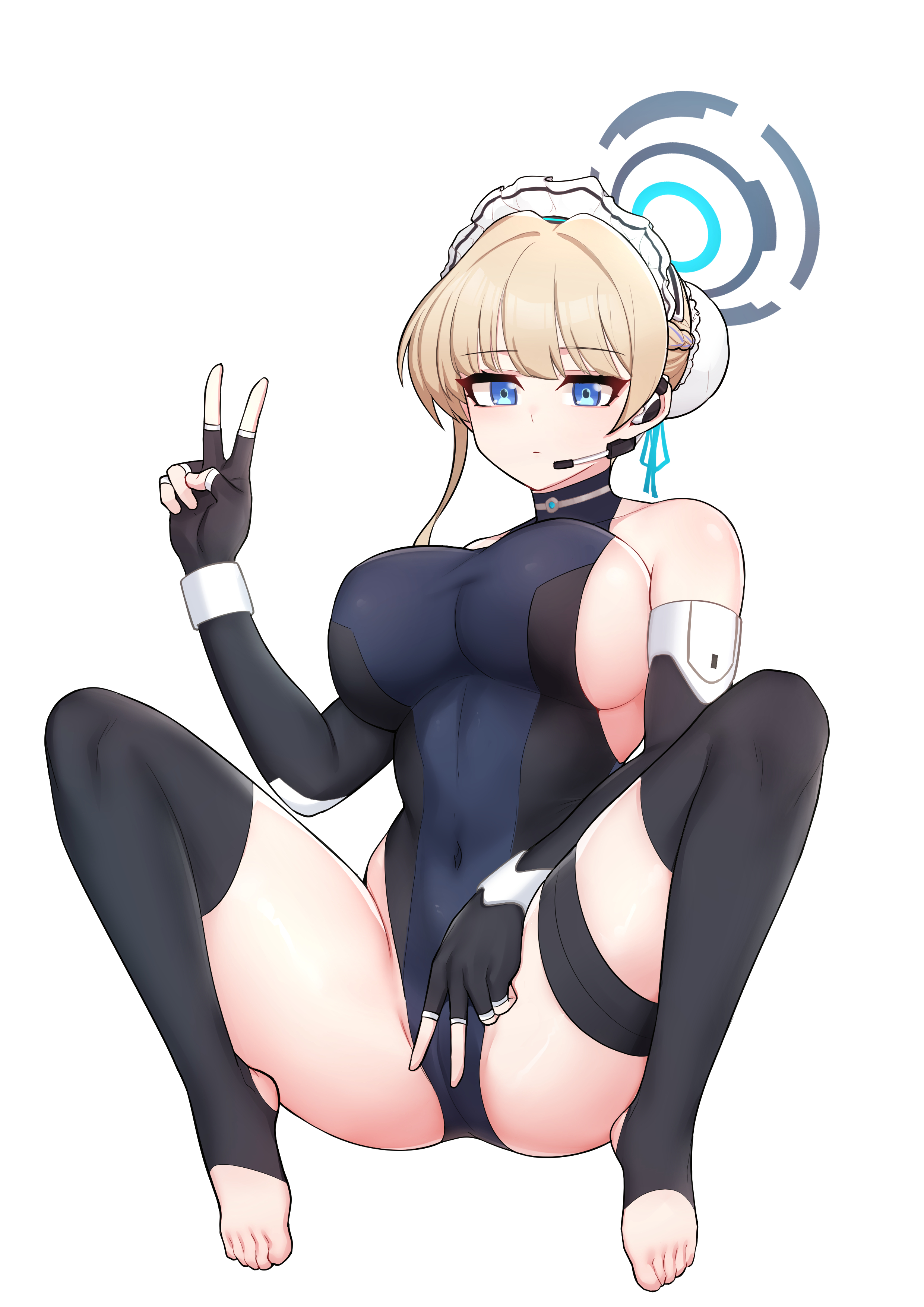 samyukgoo369, toki (blue archive), blue archive, 1girl, alternate breast size (larger), barefoot, blonde hair, blue eyes, blue leotard, fingerless gloves, gloves, halo, halo behind head, leotard, looking at viewe, looking at viewer, maid headdress, simple background, solo, v, white background