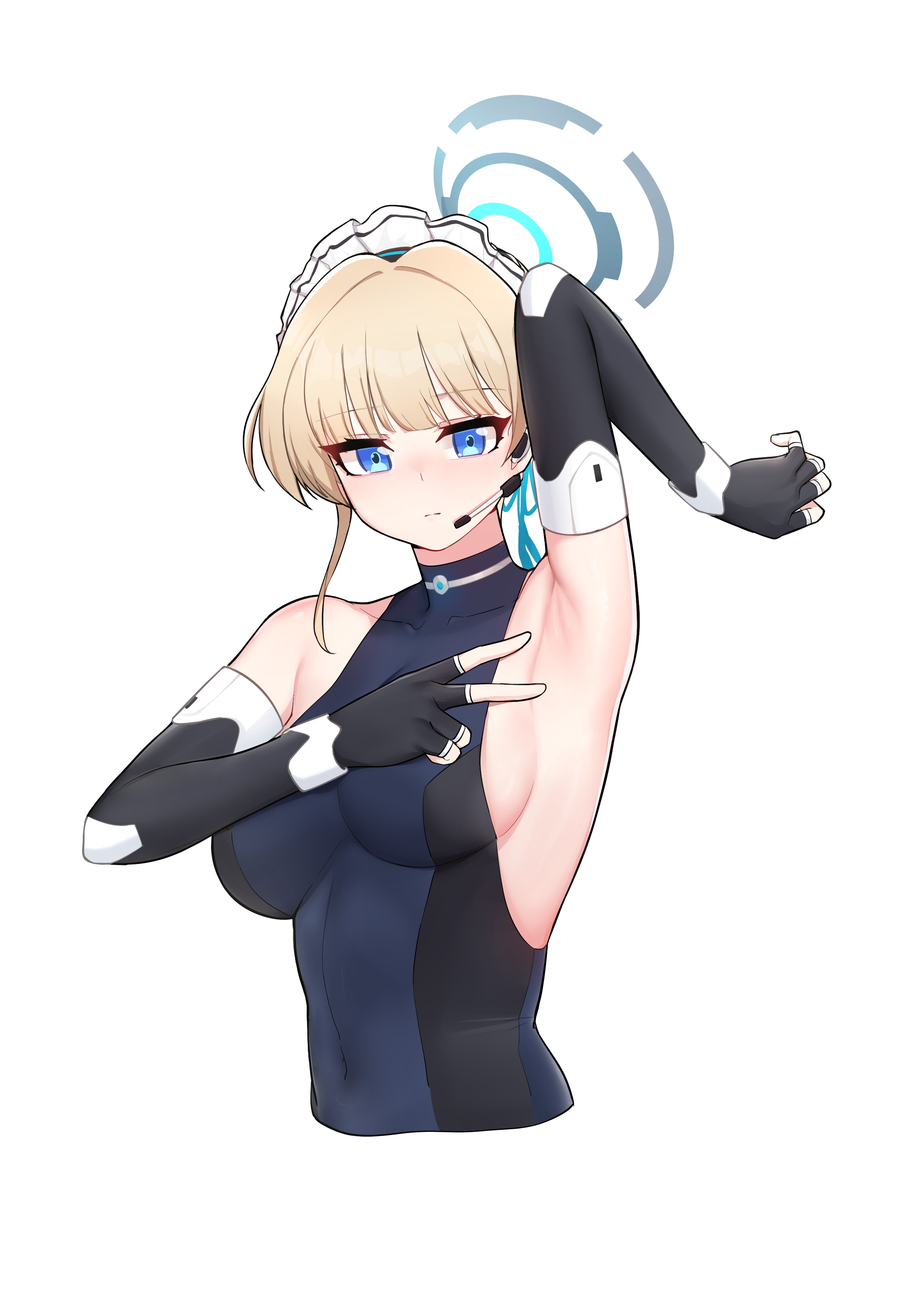 samyukgoo369, toki (blue archive), blue archive, 1girl, alternate breast size (larger), armpits, blonde hair, blue eyes, blue leotard, fingerless gloves, gloves, halo, halo behind head, leotard, looking at viewe, maid headdress, simple background, solo, upper body, white background