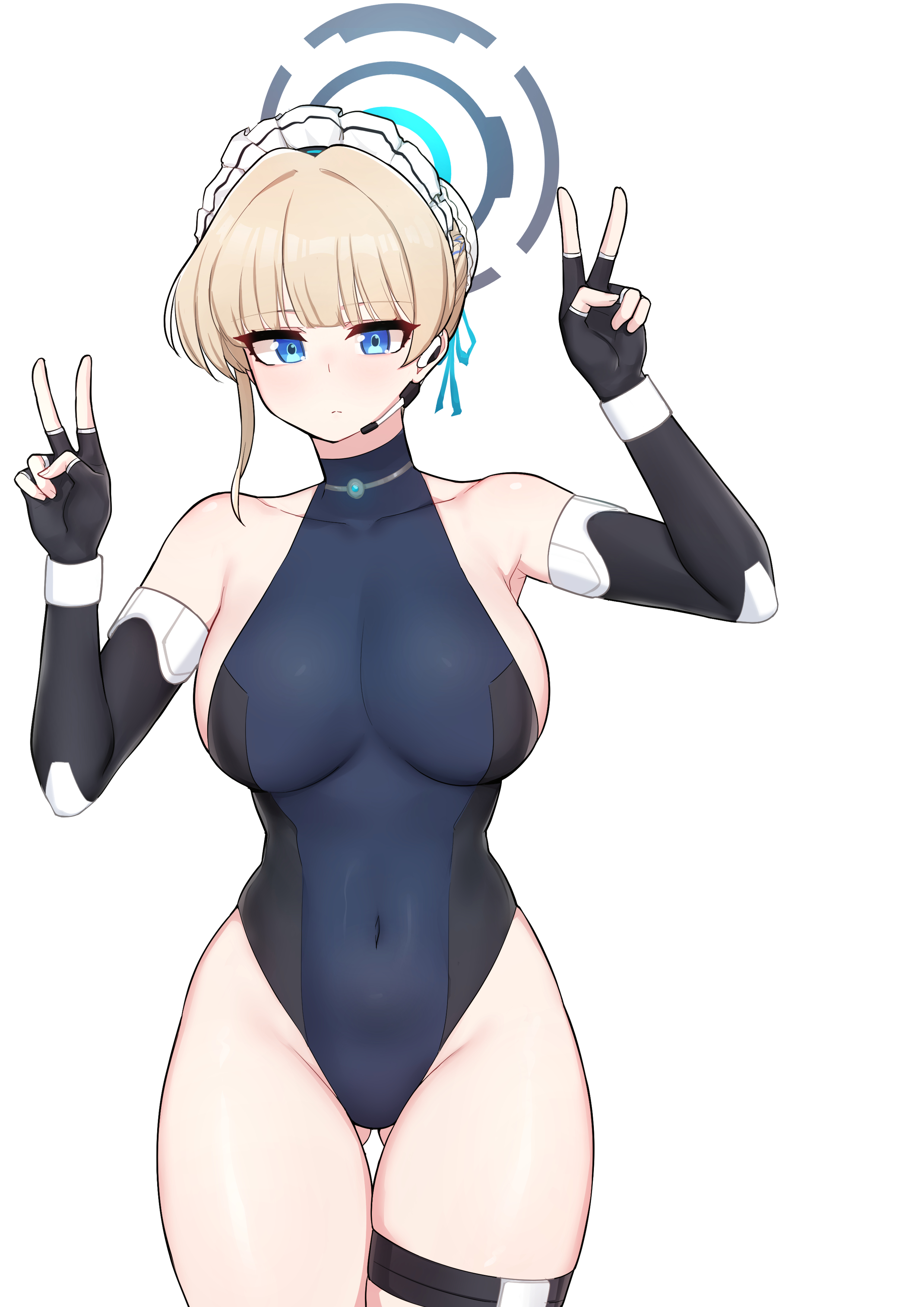 samyukgoo369, toki (blue archive), blue archive, 1girl, alternate breast size (larger), blonde hair, blue eyes, blue leotard, cowboy shot, fingerless gloves, gloves, halo, halo behind head, legband, leotard, looking at viewe, looking at viewer, maid headdress, simple background, solo, thigh gap, white background