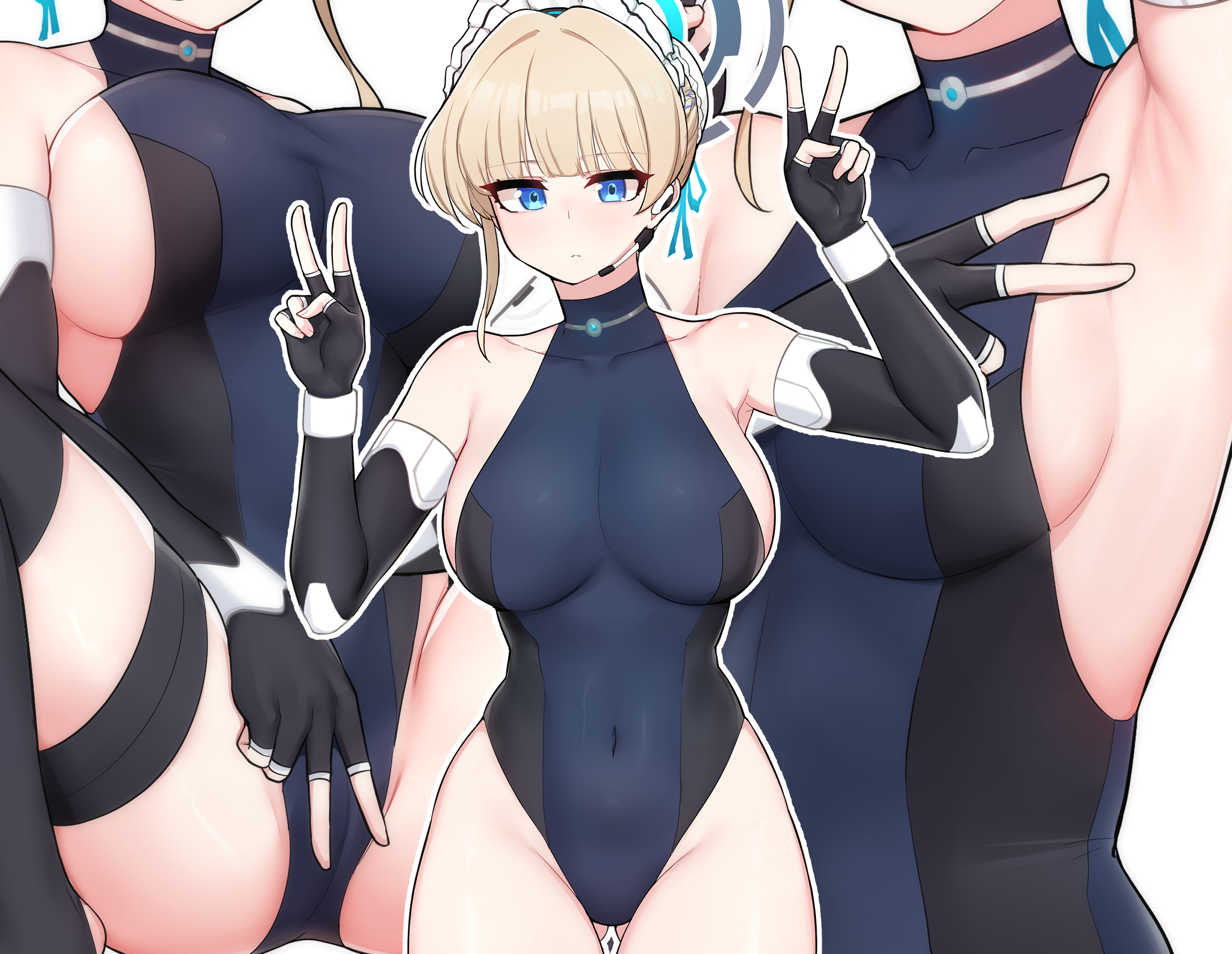 samyukgoo369, toki (blue archive), blue archive, 1girl, alternate breast size (larger), armpits, blonde hair, blue eyes, blue leotard, double v, fingerless gloves, gloves, halo, halo behind head, leotard, looking at viewe, maid headdress, simple background, solo, v, white background