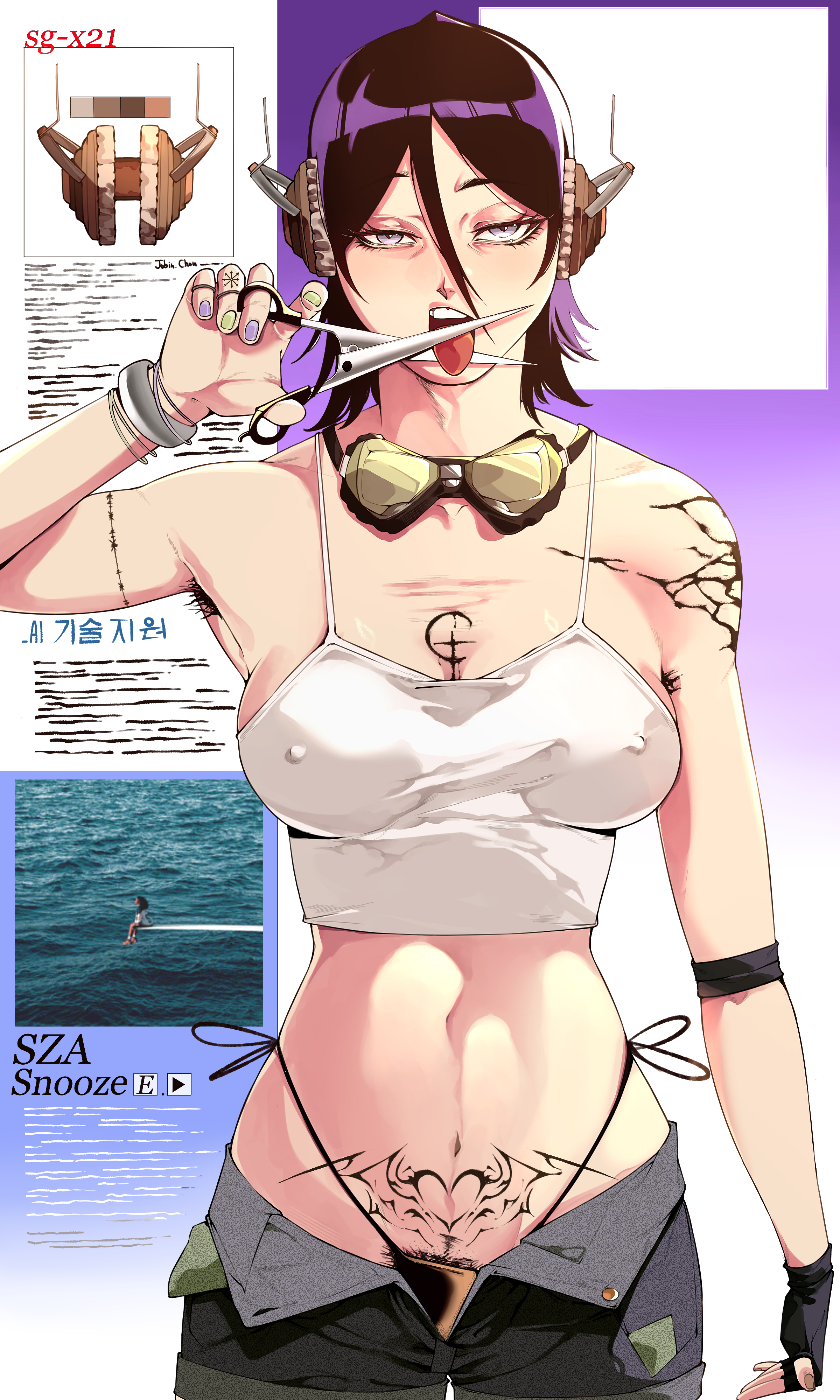jobin chan, kuchiki rukia, bleach, highres, 1girl, arm tattoo, bare shoulders, black hair, breasts, cleavage, collarbone, covered erect nipples, crop top, denim, fingerless gloves, gloves, goggles, goggles around neck, grey eyes, hair between eyes, holding, jewelry, large breasts, looking at viewer, medium breasts, midriff, nail polish, navel, navel piercing, open fly, open mouth, panties, pants, piercing, pubic hair, pubic tattoo, purple hair, purple nails, scissors, shirt, short hair, shorts, shoulder tattoo, solo, solo focus, standing, tank top, tattoo, teeth, tongue, tongue out, underwear