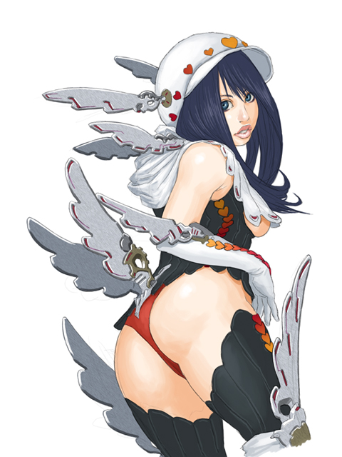 sakai toshihiro, ass, back, blue eyes, blue hair, elbow gloves, gloves, hat, head wings, long hair, solo, thighhighs, wings