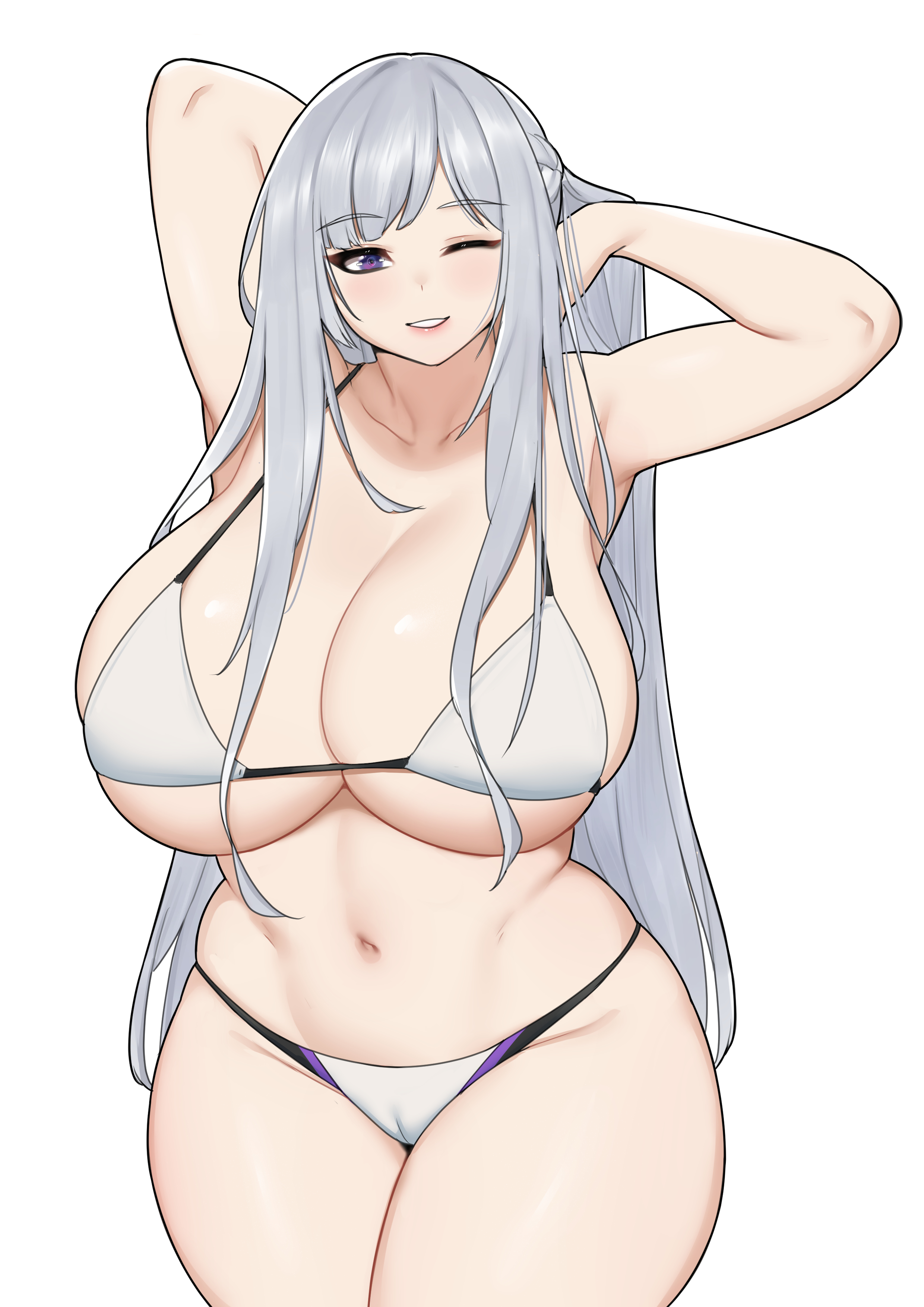 samyukgoo369, ak-12 (girls' frontline), girls' frontline, absurdres, highres, 1girl, alternate breast size (larger), arms behind back, bare shoulders, bikini, braid, breasts, cameltoe, collarbone, cowboy shot, curvy, grey hair, huge breasts, lips, long hair, navel, one eye closed, simple background, skindentation, smile, solo, swimsuit, thick thighs, thighs, very long hair, white background