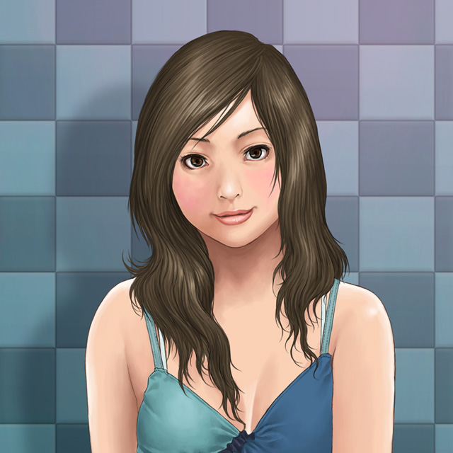 sakai toshihiro, blush, brown eyes, brown hair, long hair, realistic, smile, solo