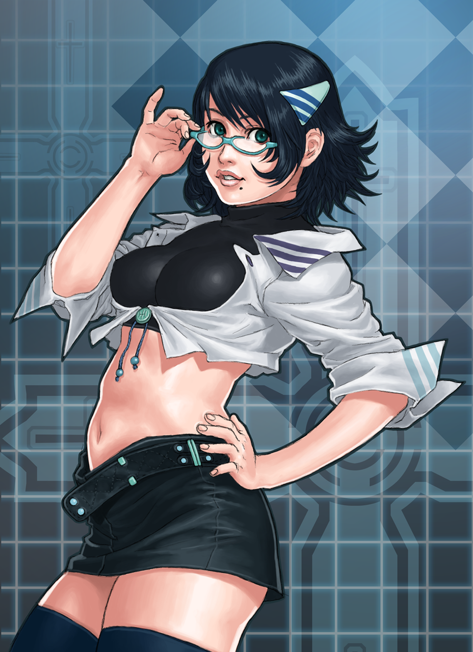 sakai toshihiro, bad id, bad pixiv id, highres, 1girl, adjusting eyewear, belt, black hair, female focus, glasses, green eyes, hair ornament, midriff, miniskirt, mole, mole under eye, pencil skirt, short hair, skirt, smile, solo, thighhighs, zettai ryouiki