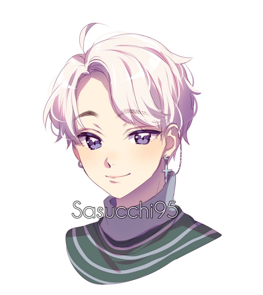 sasucchi95, original, commentary, commission, english commentary, 1boy, ahoge, artist name, closed mouth, cropped head, cross, cross earrings, curtained hair, earrings, green shirt, grey shirt, jewelry, looking at viewer, male focus, purple eyes, shirt, short hair, simple background, smile, solo, striped clothes, striped shirt, swept bangs, turtleneck, turtleneck shirt, two-tone shirt, very short hair, white background, white hair