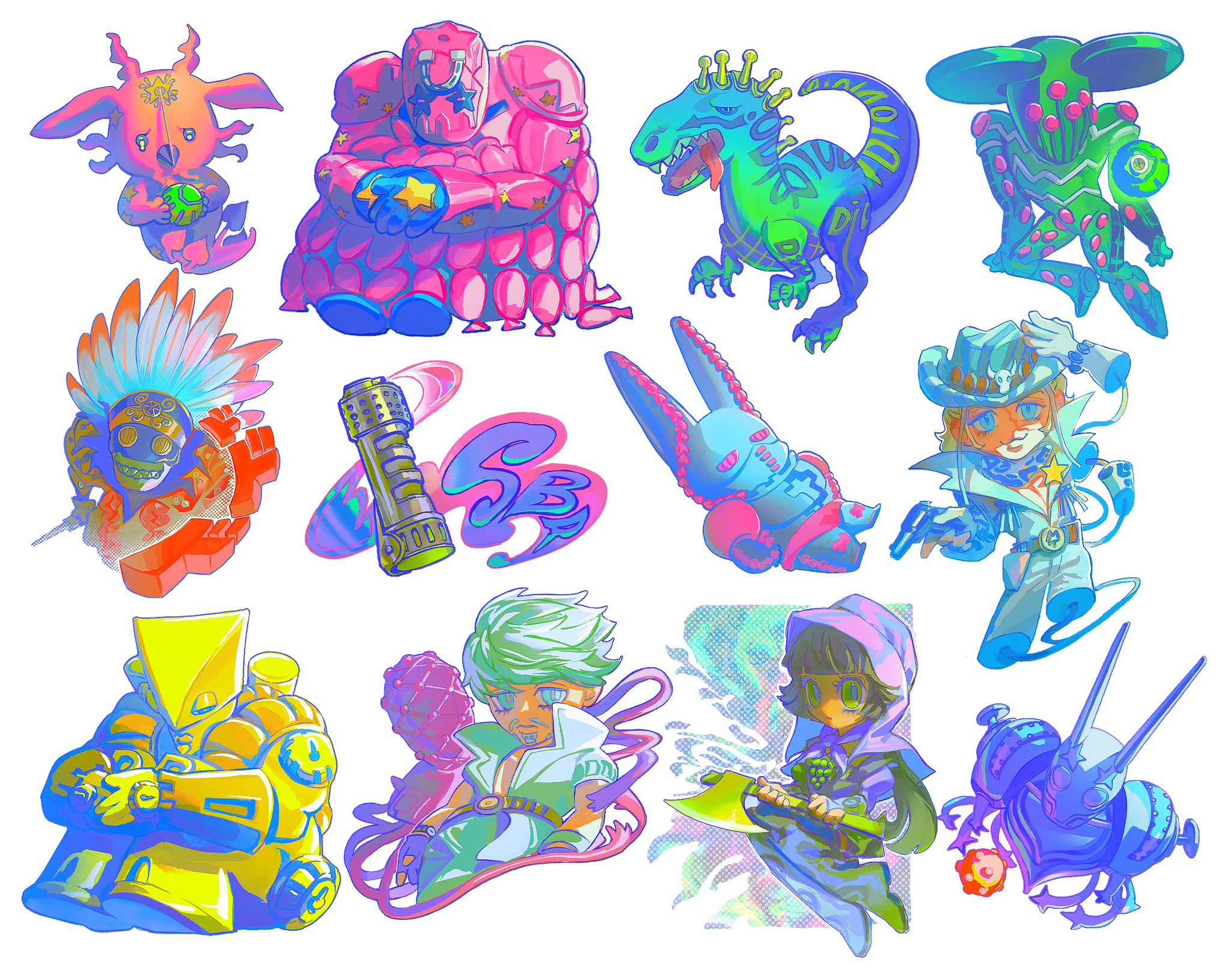 uu0000322, 20th century boy (stand), ball breaker (stand), cream starter (stand), dirty deeds done dirt cheap, hey ya (stand), in a silent way (stand), mandom (stand), mountain tim, ringo roadagain, scary monsters (stand), sugar mountain, the world, tusk (stand), tusk act1, tusk act4, jojo no kimyou na bouken, steel ball run, highres, 1girl, 2boys, axe, black hair, blonde hair, blue eyes, blue hat, blue jacket, blue pants, bonnet, cowboy hat, cowboy western, dinosaur, facial hair, green eyes, grey eyes, grey hair, grey shirt, gun, handgun, hat, holding, holding axe, holding gun, holding weapon, jacket, long hair, multiple boys, mustache, pants, purple bonnet, revolver, shirt, simple background, steel ball (jojo), weapon, white background