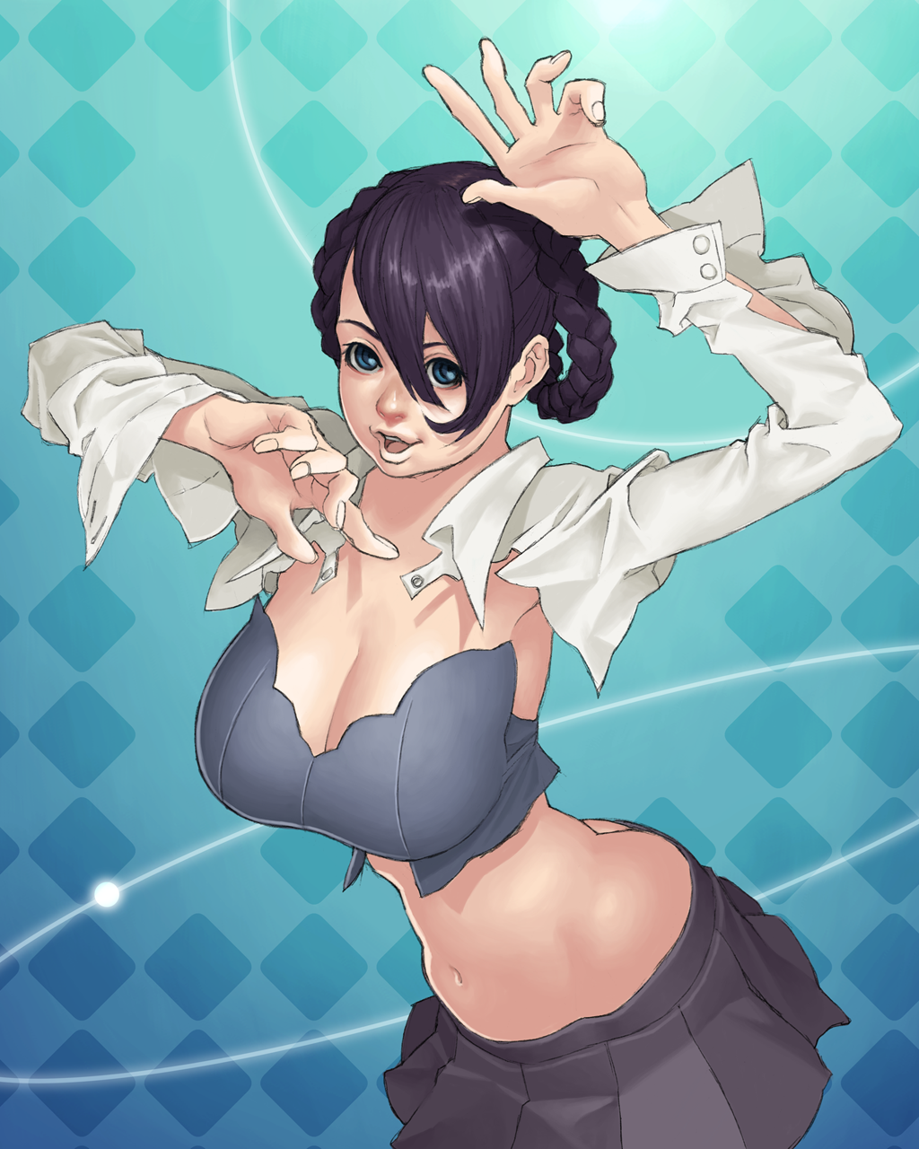 sakai toshihiro, bad id, bad pixiv id, highres, blue eyes, braid, breasts, cleavage, huge breasts, large breasts, midriff, purple hair, skirt, solo