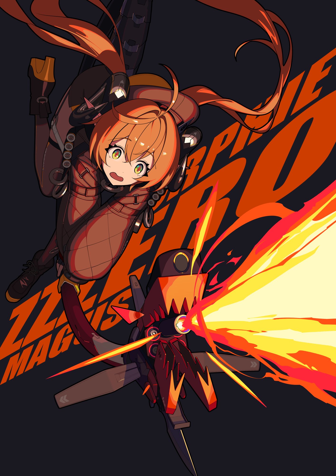 buncho salmon, magus (zenless zone zero), orphie magnusson, zenless zone zero, highres, 1girl, ahoge, black hoodie, black shoes, black thighhighs, character name, copyright name, dragon girl, dragon horns, dragon tail, green eyes, high heels, hood, hoodie, horns, long hair, looking at viewer, mechanical tail, open mouth, red hair, shoes, solo, tail, thighhighs, twintails, very long hair
