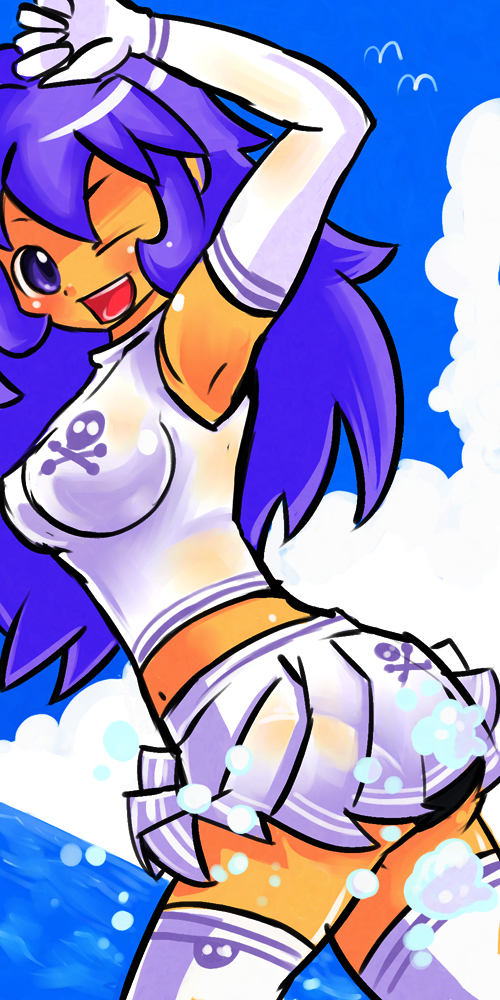 okera, original, armpits, elbow gloves, gloves, long hair, midriff, one eye closed, purple eyes, purple hair, solo, thighhighs, wink