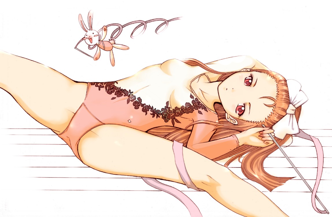 minase iori, idolmaster, idolmaster (classic), idolmaster 1, 00s, 1girl, brown hair, female focus, gymnastics, kneepits, leotard, long hair, rabbit, red leotard, rhythmic gymnastics, ribbon, ribbon baton, solo, split, spread legs, stuffed animal, stuffed toy, white leotard