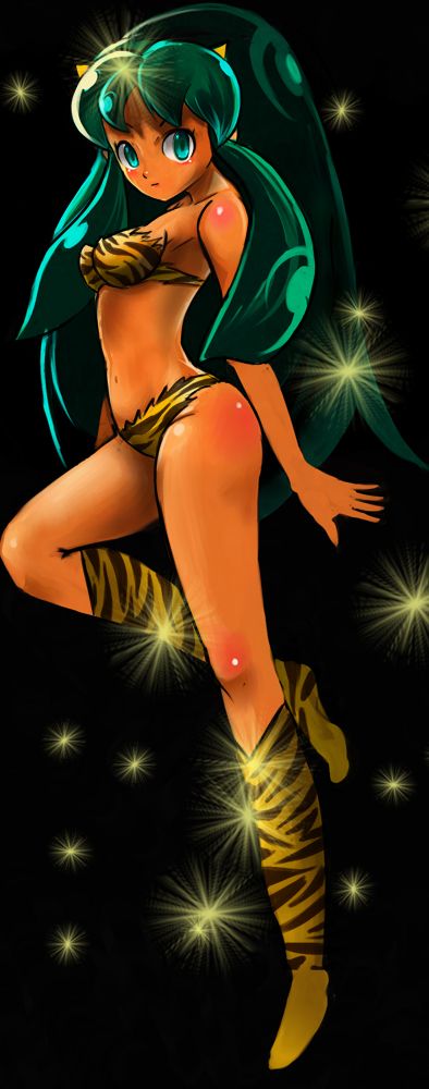 okera, lum, urusei yatsura, 1girl, animal print, aqua eyes, bra, cone horns, female focus, full body, green hair, horns, lingerie, long hair, panties, solo, tiger print, underwear, underwear only, yellow horns