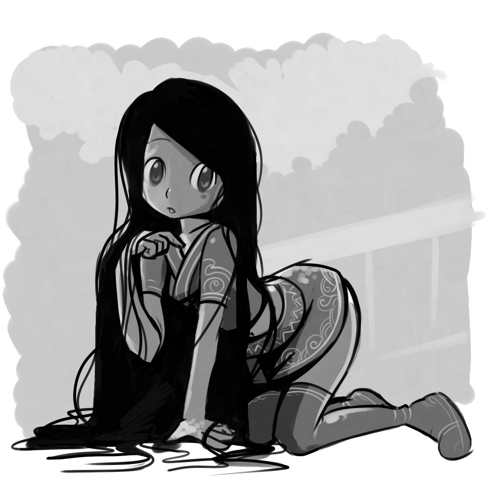 okera, md5 mismatch, 1girl, all fours, female focus, greyscale, long hair, monochrome, solo, thighhighs