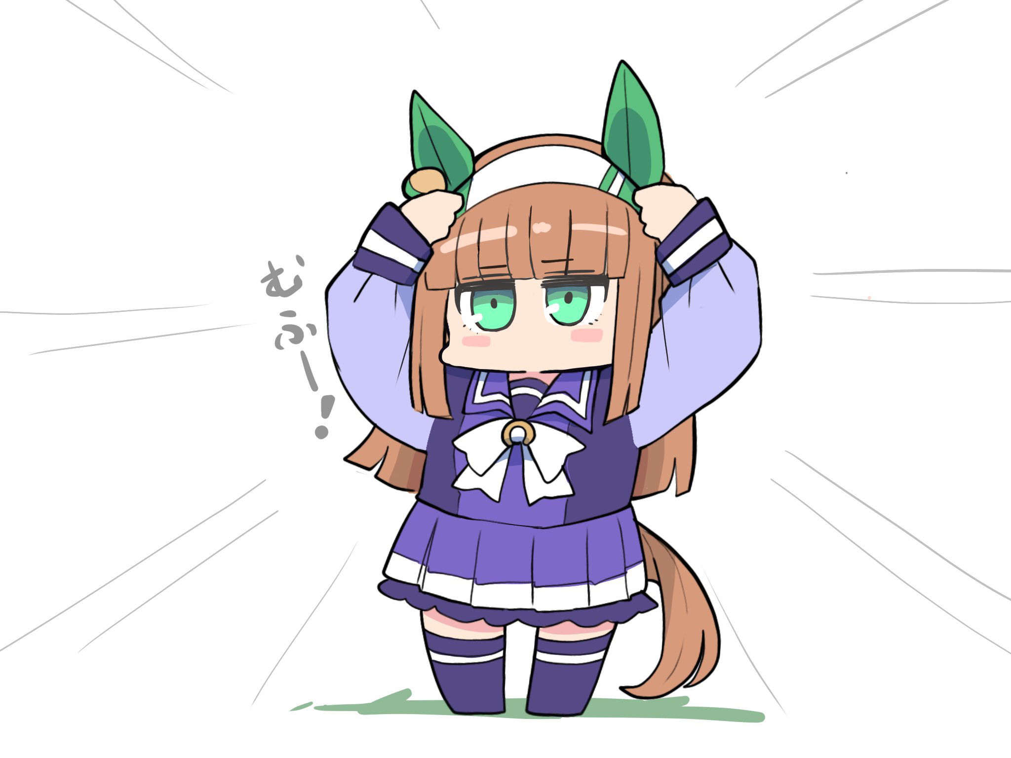 kawamochi (tddm3573), silence suzuka (umamusume), umamusume, highres, translation request, 1girl, animal ears, arms up, blush stickers, bow, brown hair, chibi, full body, green eyes, hairband, horse ears, horse girl, horse tail, long hair, long sleeves, no shoes, pleated skirt, puffy long sleeves, puffy sleeves, purple shirt, purple skirt, purple thighhighs, shirt, simple background, skirt, sleeves past wrists, solo, standing, tail, thighhighs, very long hair, white background, white bow, white hairband