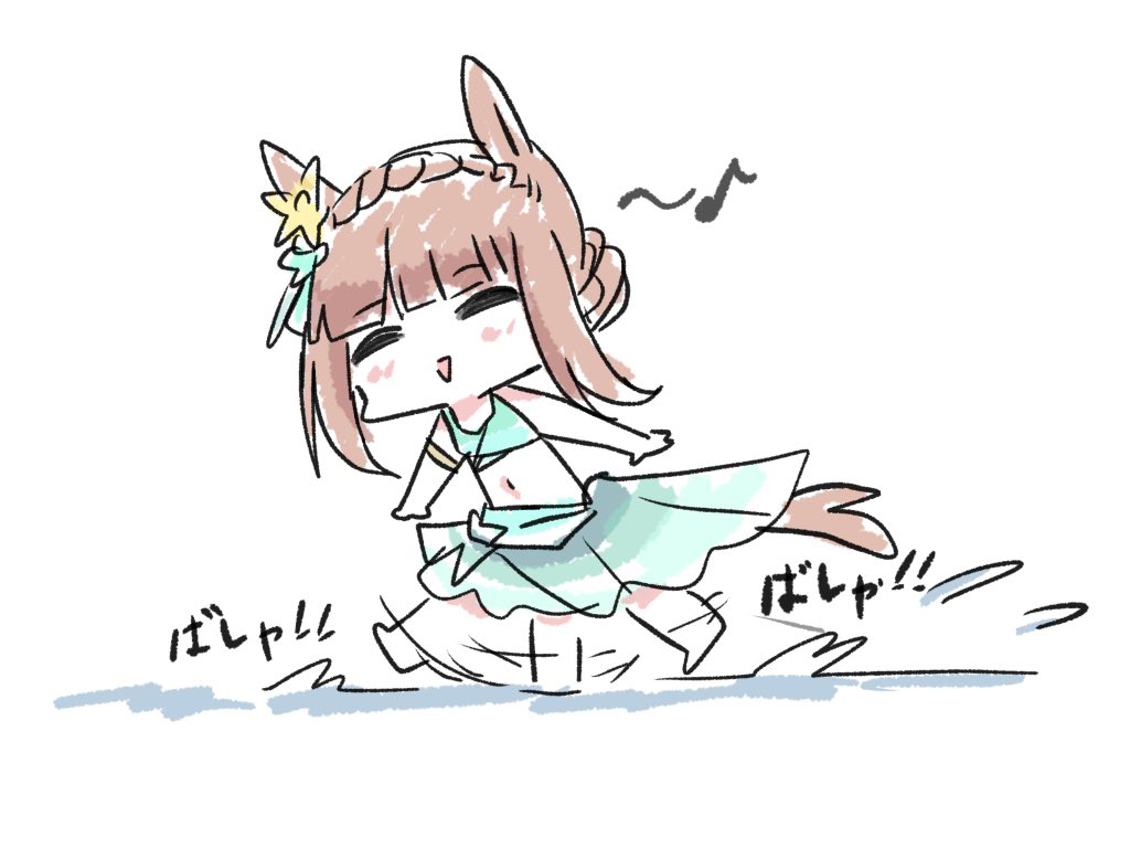 kawamochi (tddm3573), silence suzuka (emerald on the waves) (umamusume), silence suzuka (umamusume), umamusume, translation request, 1girl, :>, afterimage, animal ears, bare arms, bare shoulders, barefoot, bikini, blue bikini, blush, braid, brown hair, chibi, closed eyes, eighth note, facing viewer, hair bun, horse ears, horse girl, horse tail, musical note, navel, parted lips, running on liquid, sarong, smile, solo, swimsuit, tail, triangle mouth, water, white background