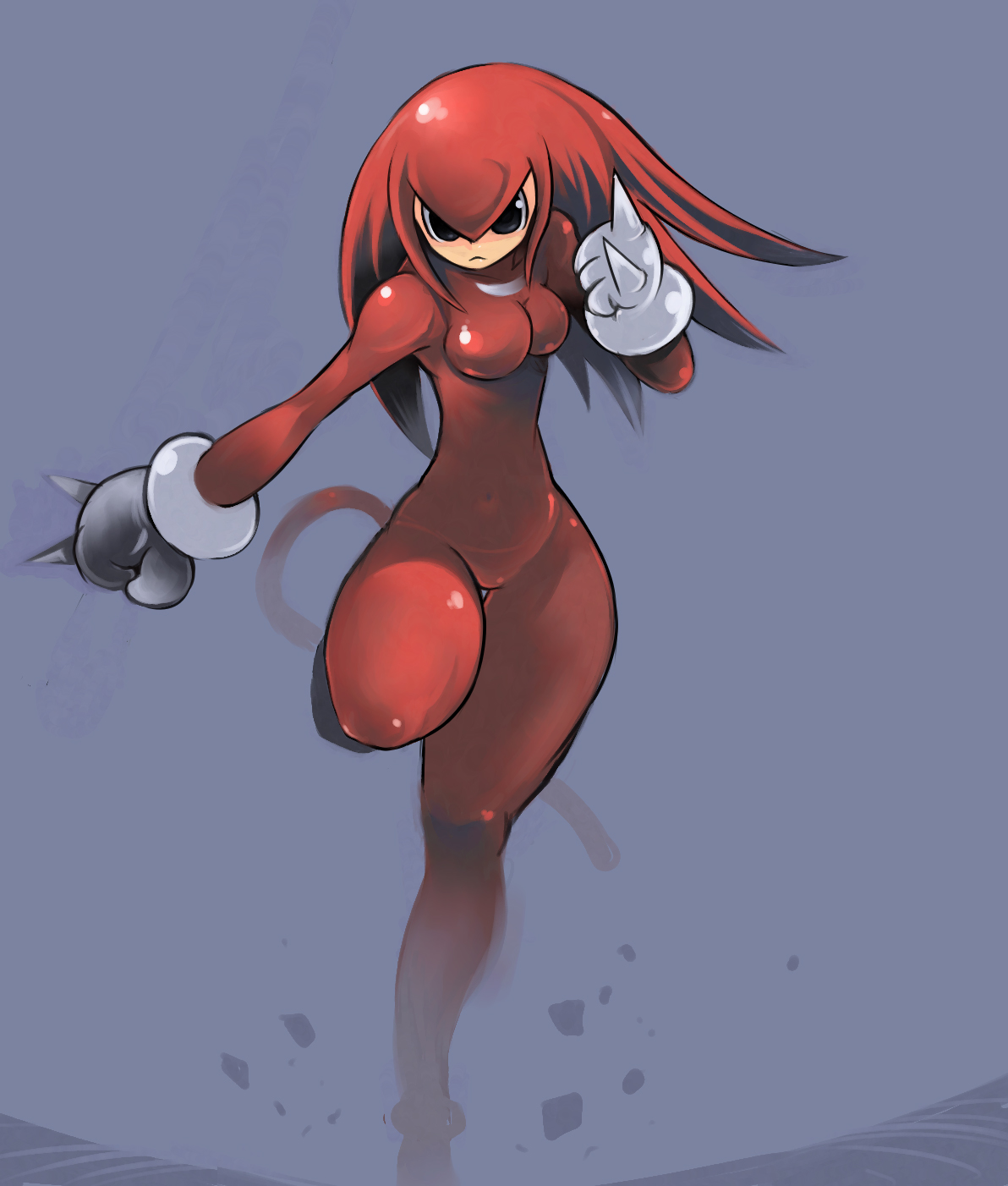 okera, knuckles the echidna, sonic (series), gender request, highres, 1girl, bodysuit, costume, female focus, game console, genderswap, gloves, hip focus, long hair, panties, personification, red hair, see-through clothes, sega mega drive, solo, spiked gloves, spikes, tail, underwear, wide hips