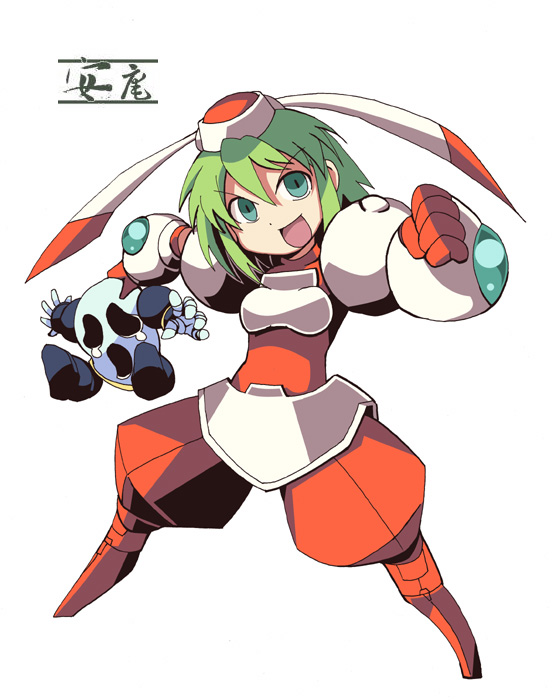 yasu-an, marina liteyears, yuke yuke!! trouble makers, 1girl, :d, android, female focus, green eyes, green hair, open mouth, short hair, simple background, smile, solo, tears, white background