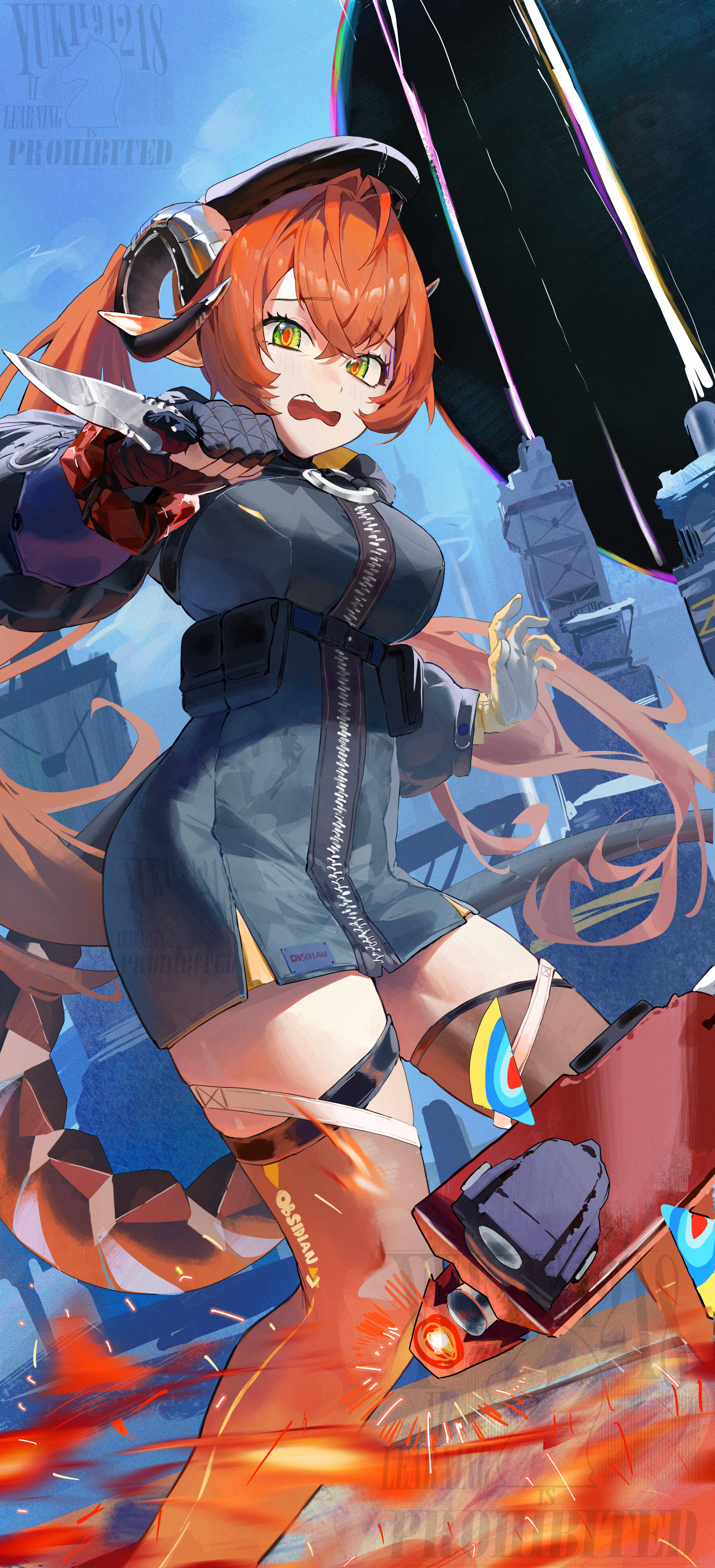 yukii91218, magus (zenless zone zero), orphie magnusson, zenless zone zero, absurdres, highres, 1girl, black hoodie, black thighhighs, dragon girl, dragon horns, dragon tail, fire, green eyes, holding, holding knife, hood, hoodie, horns, knife, long hair, looking at viewer, mechanical tail, open mouth, outdoors, solo, tail, thighhighs, twintails, very long hair