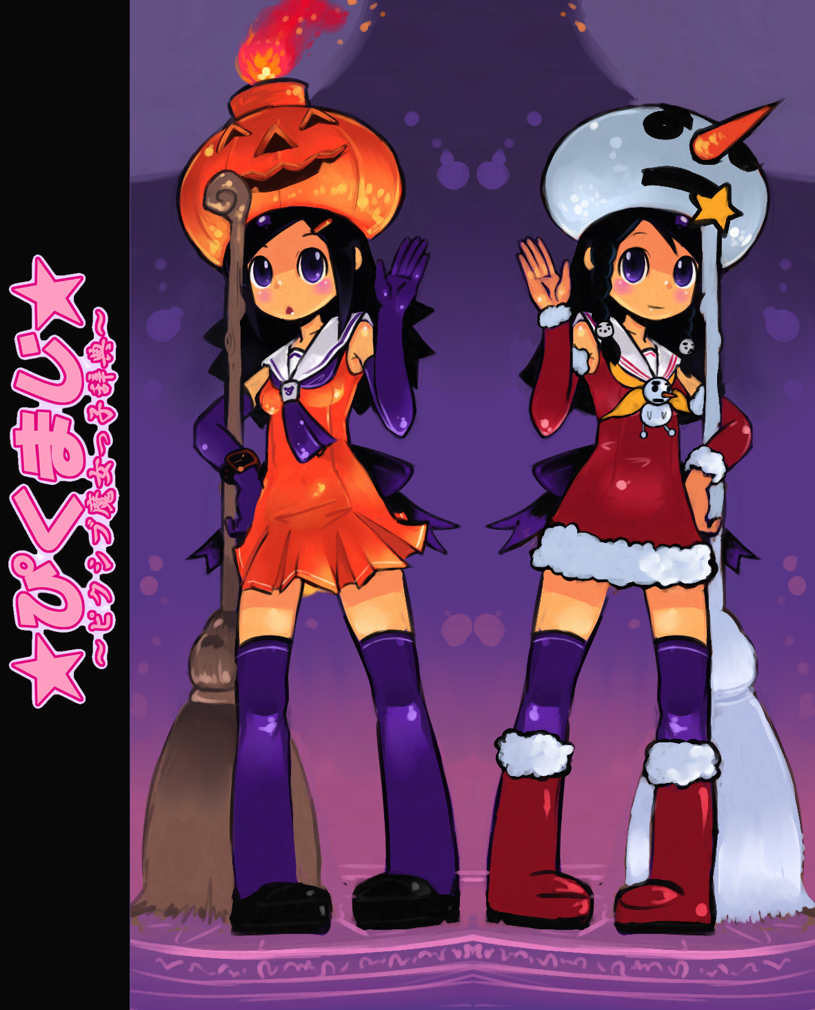 okera, highres, 2girls, black hair, blush, broom, christmas, elbow gloves, gloves, halloween, hat, jack-o'-lantern, long hair, multiple girls, pumpkin, pumpkin hat, purple background, purple eyes, santa costume, snowman, thighhighs, waving
