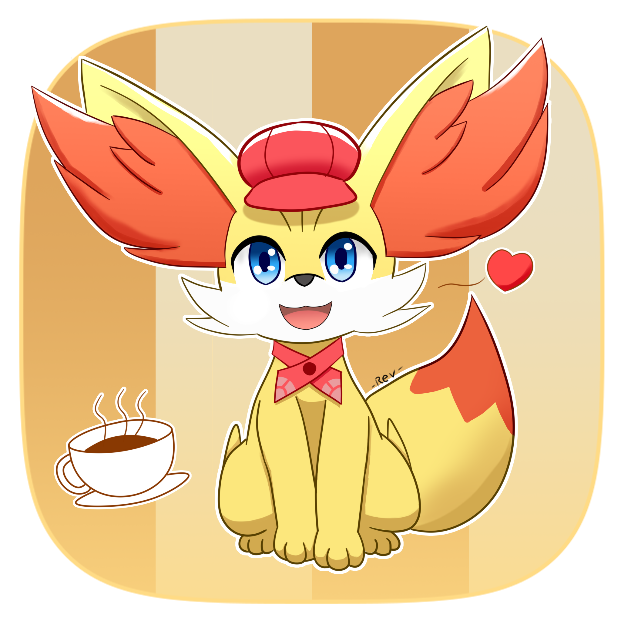 fennekin, nintendo, pokemon, pokemon cafe remix, highres, animal ear fluff, blue eyes, clothed pokemon, coffee, fokkorev, gen 6 pokemon, hat, heart, looking at viewer, multicolored fur, no humans, open mouth, orange fur, pokemon (creature), red hat, sitting, solo, tail, white fur, yellow fur