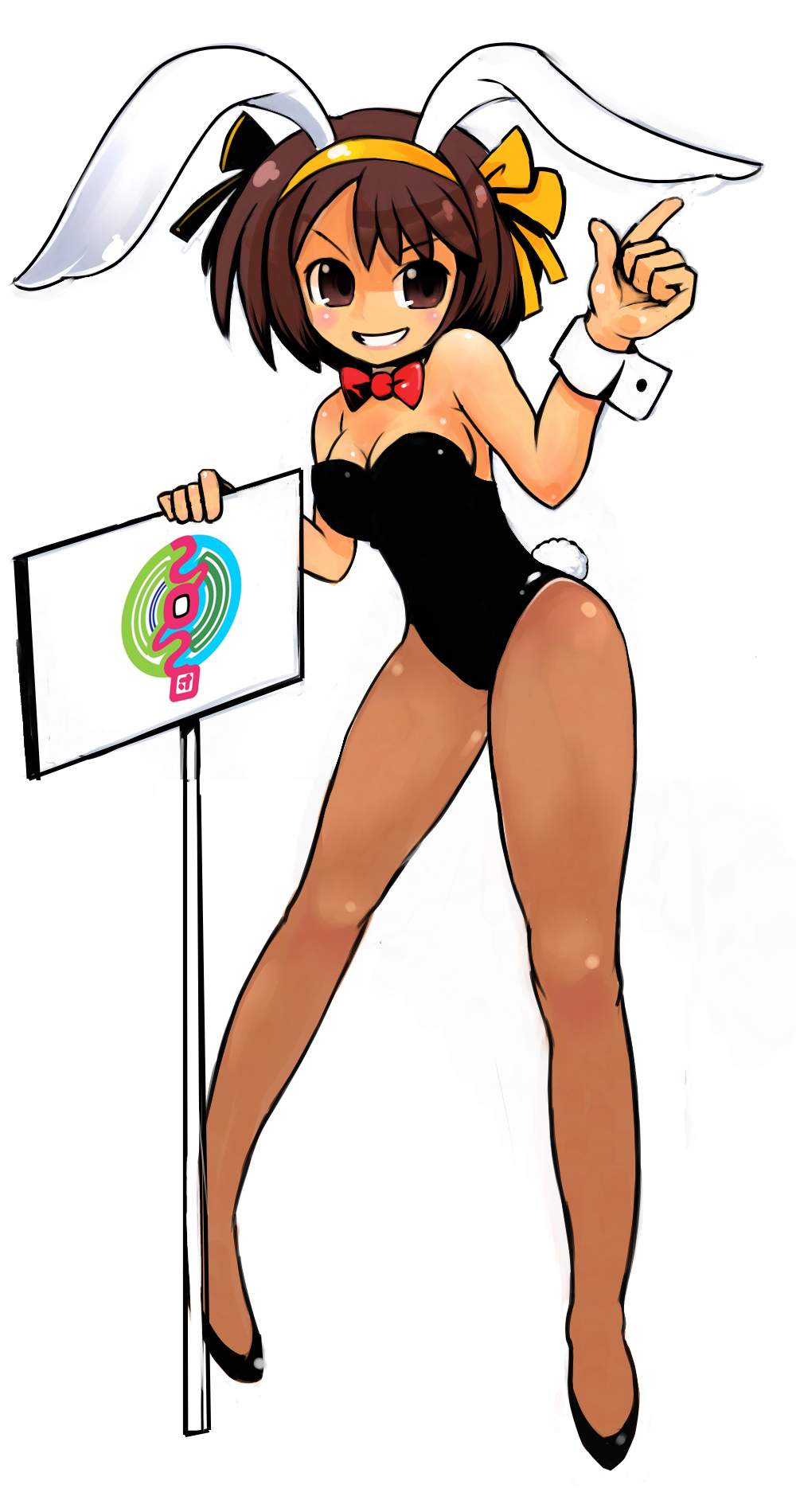 okera, suzumiya haruhi, suzumiya haruhi no yuuutsu, highres, 00s, 1girl, animal ears, bare shoulders, breasts, brown eyes, brown hair, cleavage, fake animal ears, female focus, hairband, medium breasts, pantyhose, playboy bunny, rabbit ears, short hair, solo