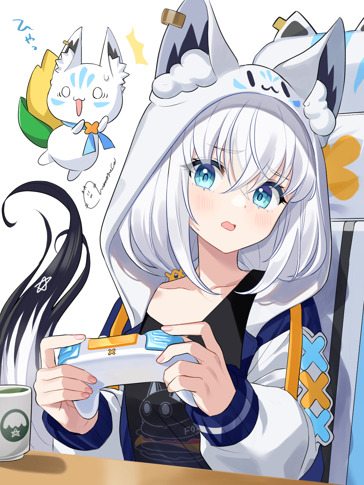 momone cco, shirakami fubuki, shirakami fubuki (loungewear), sukonbu (shirakami fubuki), hololive, highres, 1girl, animal ear fluff, animal ears, beer mug, black shirt, blue eyes, blue neckerchief, controller, corn, cup, fox ears, fox girl, fox tail, game controller, holding, holding controller, hood, hoodie, loungewear, mascot, mug, neckerchief, official alternate costume, shirt, tail, virtual youtuber, white hair