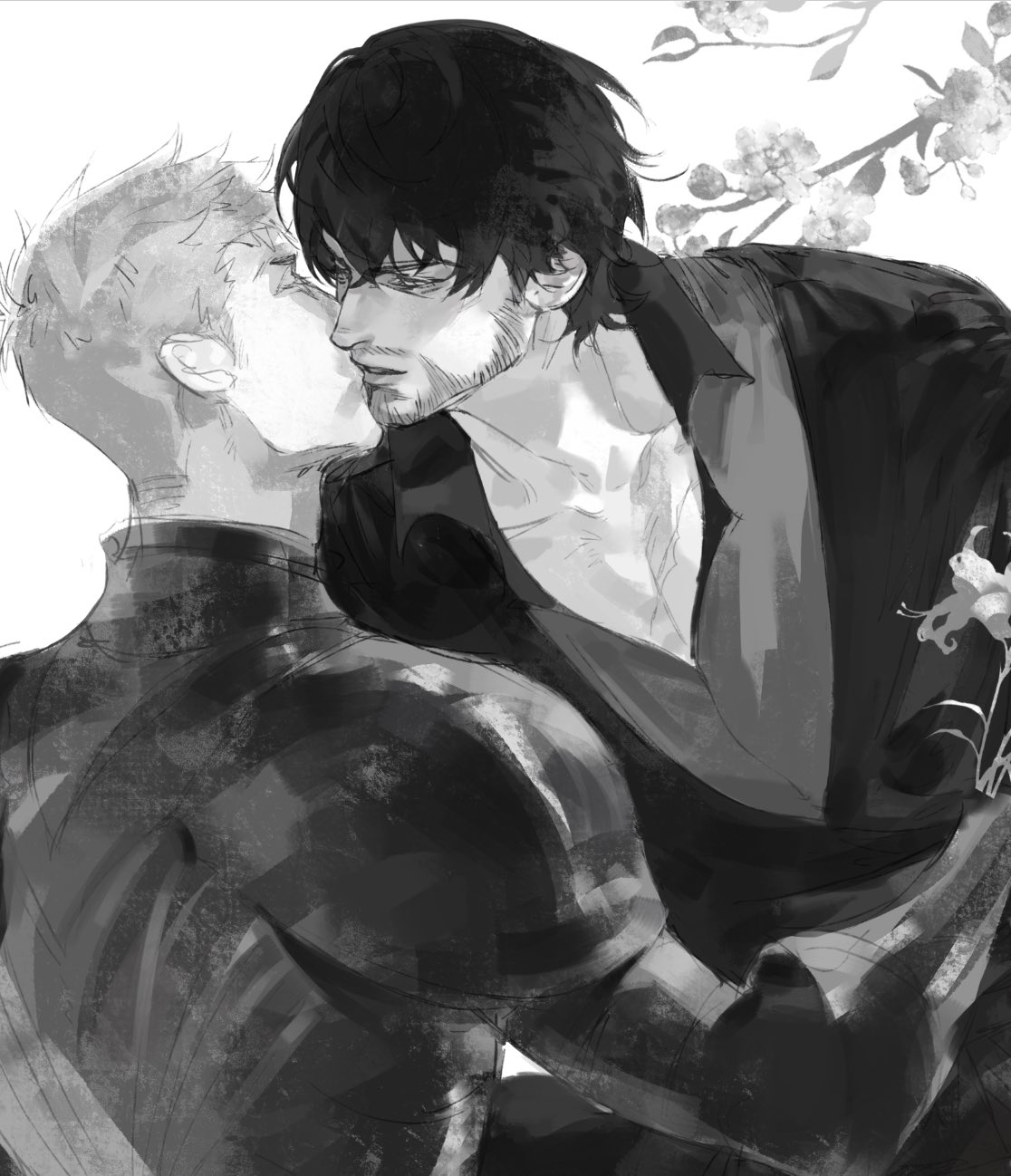 barnabas tharmr, cidolfus telamon, final fantasy, final fantasy xvi, highres, 2boys, armor, beard, black hair, black shirt, collared shirt, facial hair, flower, greyscale, hair between eyes, holding, holding flower, kiss, lmoosgu, male focus, monochrome, multiple boys, parted lips, pauldrons, scar, scar on chest, shirt, short hair, shoulder armor, upper body, white background, yaoi