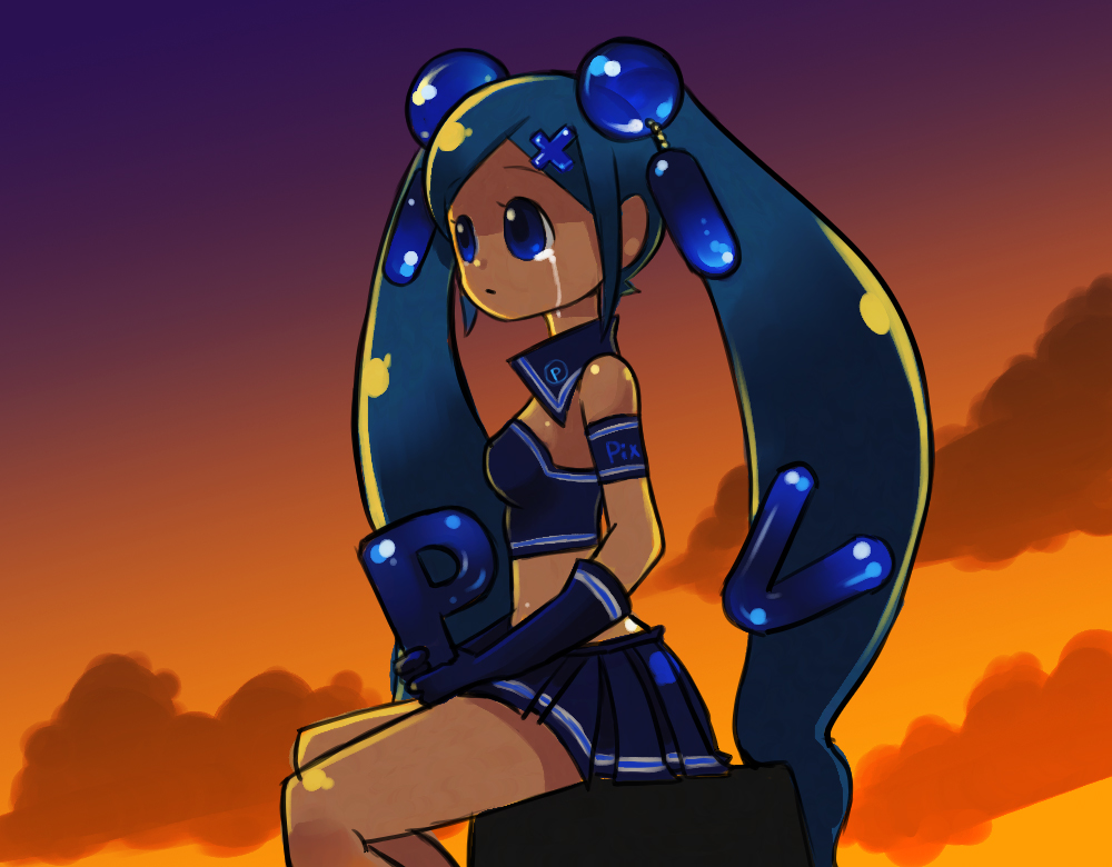 okera, pixiv-tan, pixiv, 1girl, armband, blue eyes, blue hair, female focus, gloves, long hair, matching hair/eyes, midriff, skirt, solo, sunset, tears, twintails, very long hair
