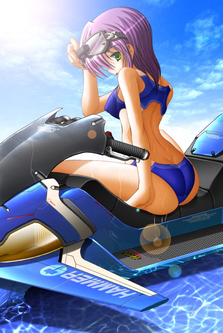 ebisu (amagi seitetsujo), ebisu (artist), 1girl, ass, back, bikini, blue bikini, breasts, covered erect nipples, day, female focus, goggles, green eyes, jet ski, lens flare, medium breasts, purple hair, short hair, sky, solo, sun, swimsuit, water, watercraft, wet