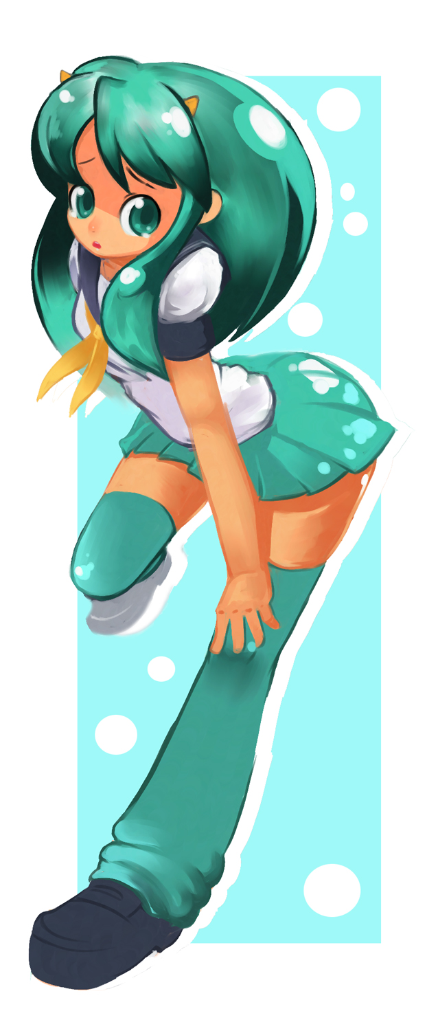 okera, lum, urusei yatsura, highres, 1girl, cone horns, female focus, full body, green eyes, green hair, horns, long hair, miniskirt, school uniform, serafuku, skirt, solo, thighhighs, yellow horns, zettai ryouiki