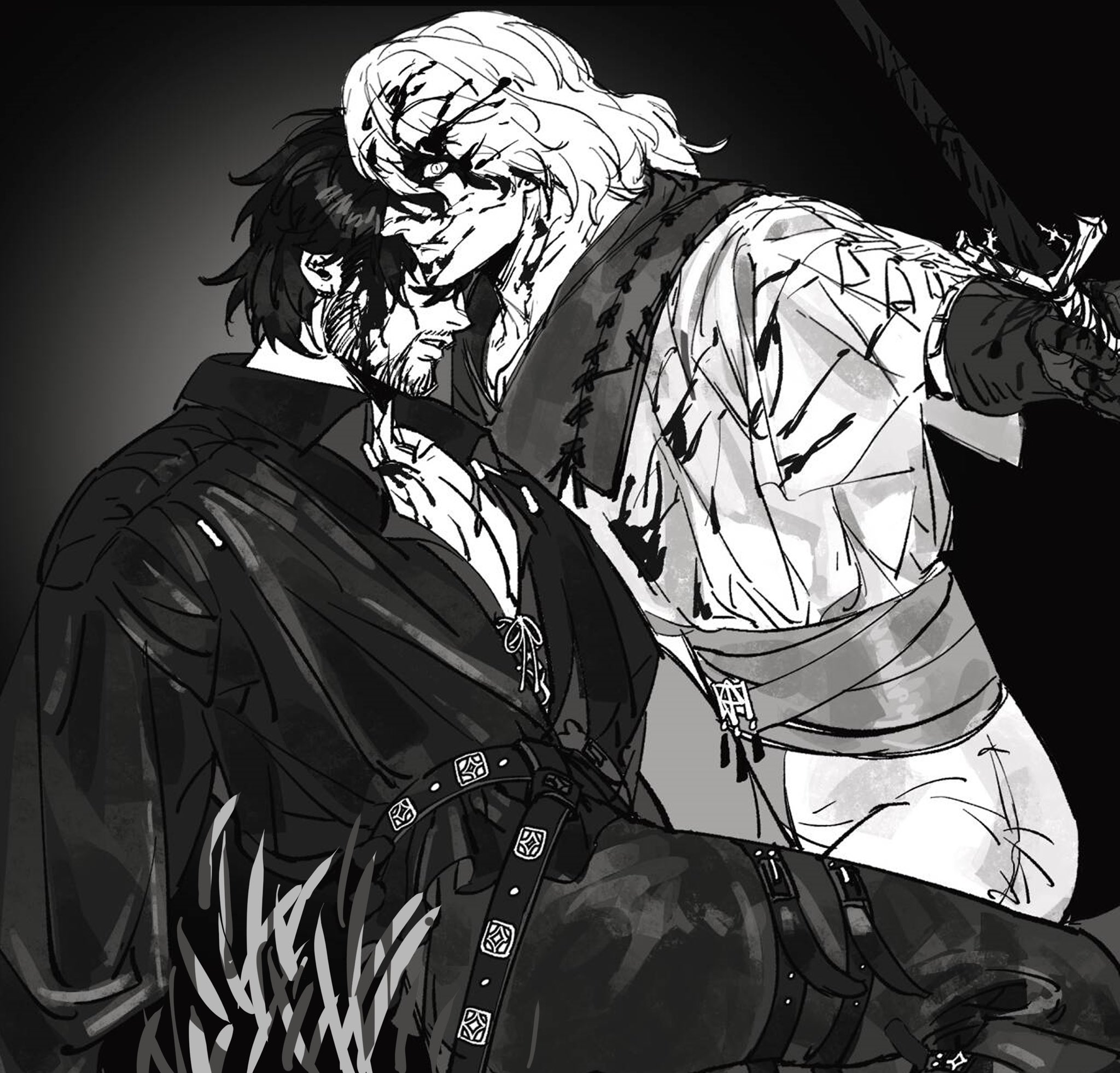 barnabas tharmr, final fantasy, final fantasy xvi, highres, 2boys, bandana, bandana around neck, beard, belt, black gloves, black hair, black shirt, blood, blood on face, facial hair, gloves, hair between eyes, holding, holding sword, holding weapon, lmoosgu, male focus, multiple boys, pants, parted lips, pectorals, shirt, sketch, sleipnir harbard, sword, thigh belt, thigh strap, upper body, weapon, white hair, white pants, white shirt
