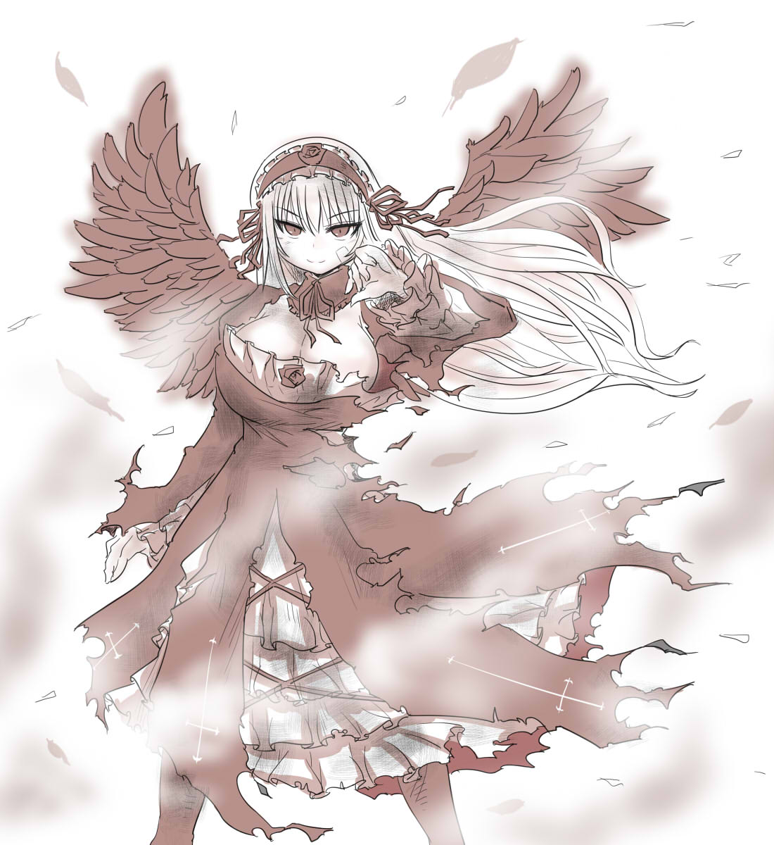 itini-sanshi, suigintou, rozen maiden, commentary request, highres, 1girl, alternate breast size (larger), breasts, brown theme, cleavage, closed mouth, cowboy shot, cross, cross print, detached collar, dress, feathered wings, feathers, frilled dress, frilled hairband, frills, hair ribbon, hairband, large breasts, layered dress, lolita hairband, long hair, looking at viewer, monochrome, neck ribbon, ribbon, smile, solo, torn clothes, torn dress, wings