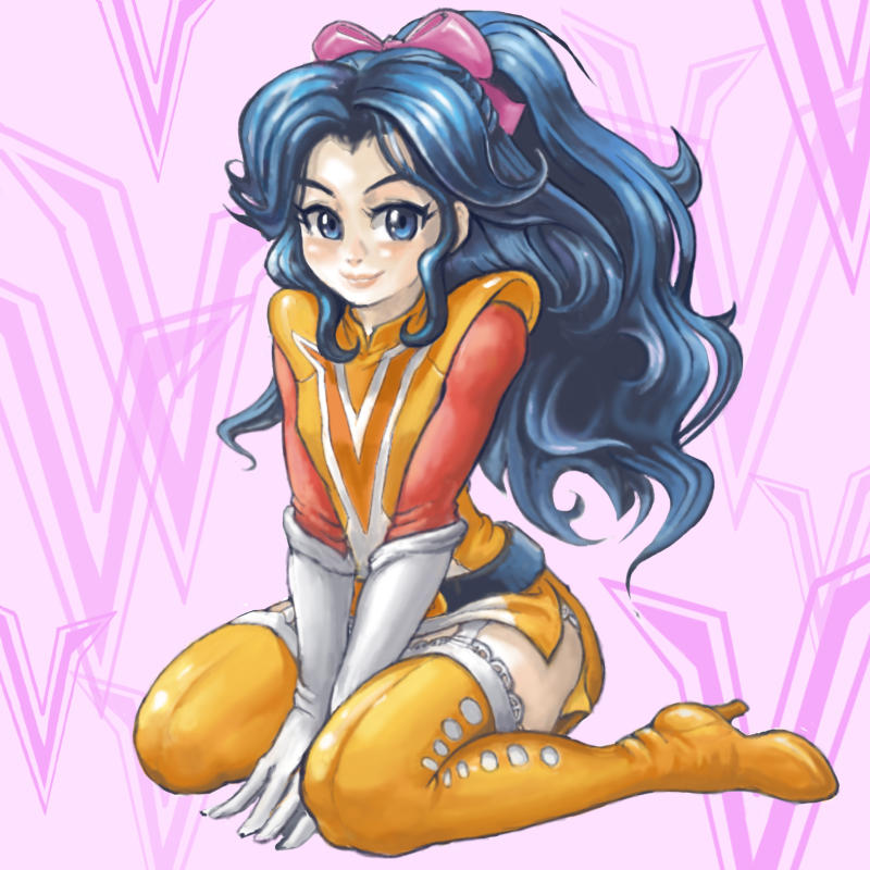 pipipi, oka megumi, choudenji machine voltes v, pilot suit, 1970s (style), 1girl, belt, blue eyes, blue hair, boots, curly hair, female focus, full body, gloves, hair ribbon, lace, lipstick, makeup, matching hair/eyes, ponytail, retro artstyle, ribbon, smile, solo, thigh boots, thighhighs