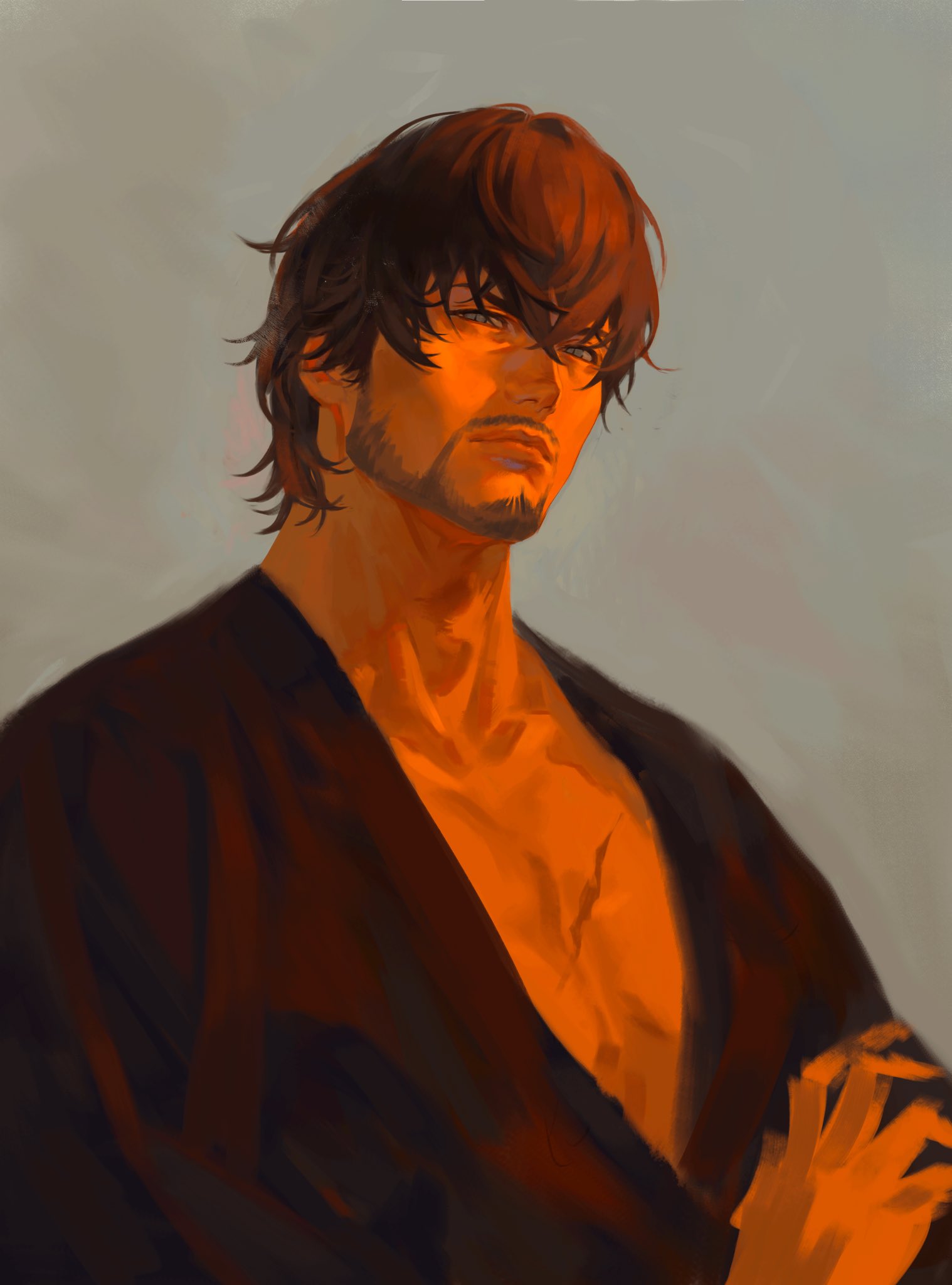 barnabas tharmr, final fantasy, final fantasy xvi, highres, 1boy, beard, black hair, black robe, closed mouth, collarbone, crossed bangs, facial hair, grey background, hair between eyes, lmoosgu, long sleeves, looking at viewer, male focus, robe, scar, scar on chest, short hair, solo, upper body