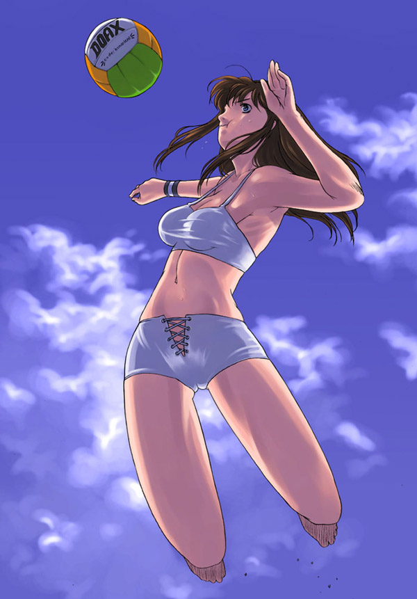 g-room honten, hitomi (doa), dead or alive, tecmo, 1girl, :t, armpits, ball, barefoot, bikini, blue eyes, breasts, brown hair, day, feet, female focus, full body, jumping, long hair, navel, outdoors, shorts, solo, swimsuit, toes, volleyball, volleyball (object), wristband