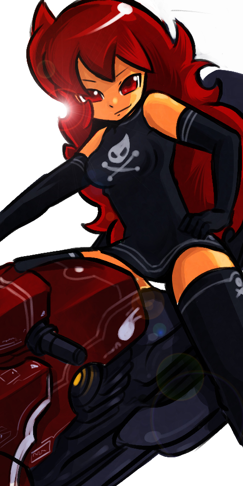 okera, original, vehicle, elbow gloves, gloves, long hair, motor vehicle, motorcycle, panties, pantyshot, red eyes, red hair, solo, thighhighs, underwear