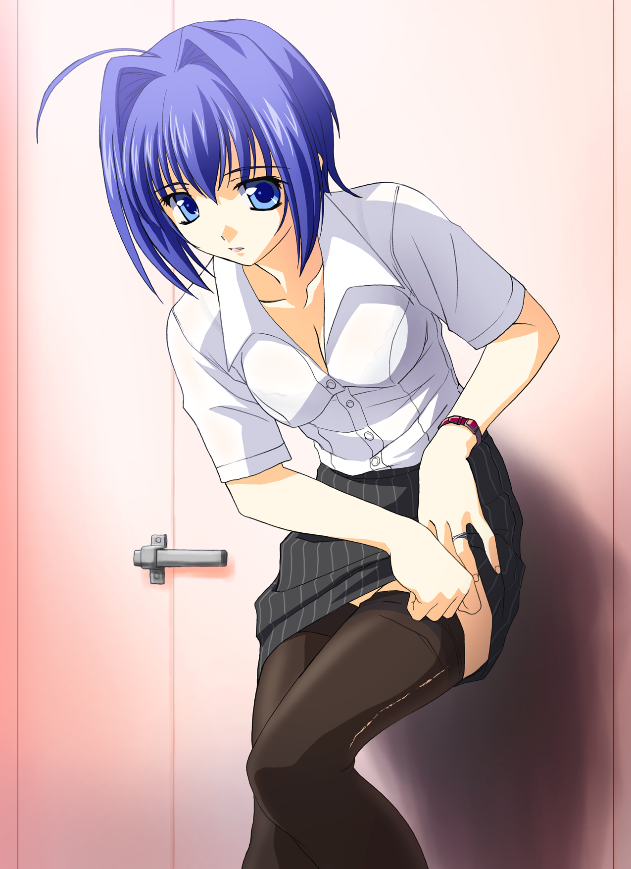 norizou type-r, hayase mitsuki, kimi ga nozomu eien, highres, 00s, 1girl, black thighhighs, blue eyes, blue hair, breasts, cleavage, clothes lift, female focus, jewelry, matching hair/eyes, ring, short hair, simple background, skirt, skirt lift, solo, thighhighs