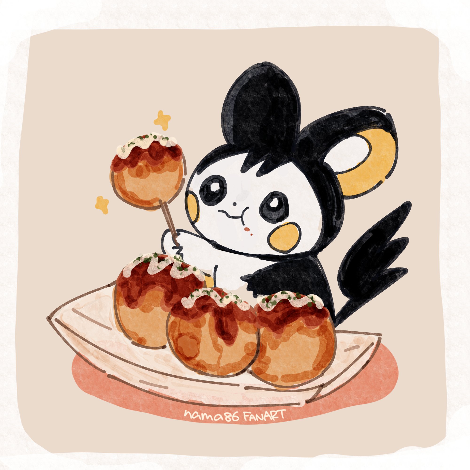 nama86, emolga, nintendo, pokemon, highres, artist name, black fur, eating, food, gen 5 pokemon, holding, holding food, no humans, pokemon (creature), solo, tail, two-tone fur, white fur