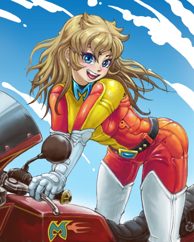 pipipi, grendizer, maria grace fleed, mazinger (series), toei company, ufo robo grendizer, pilot suit, vehicle, 1970s (style), 1girl, belt, blonde hair, blue eyes, bodysuit, boots, day, female focus, gloves, happy, motor vehicle, motorcycle, oldschool, retro artstyle, sky, smile, solo, teeth, thigh boots, thighhighs