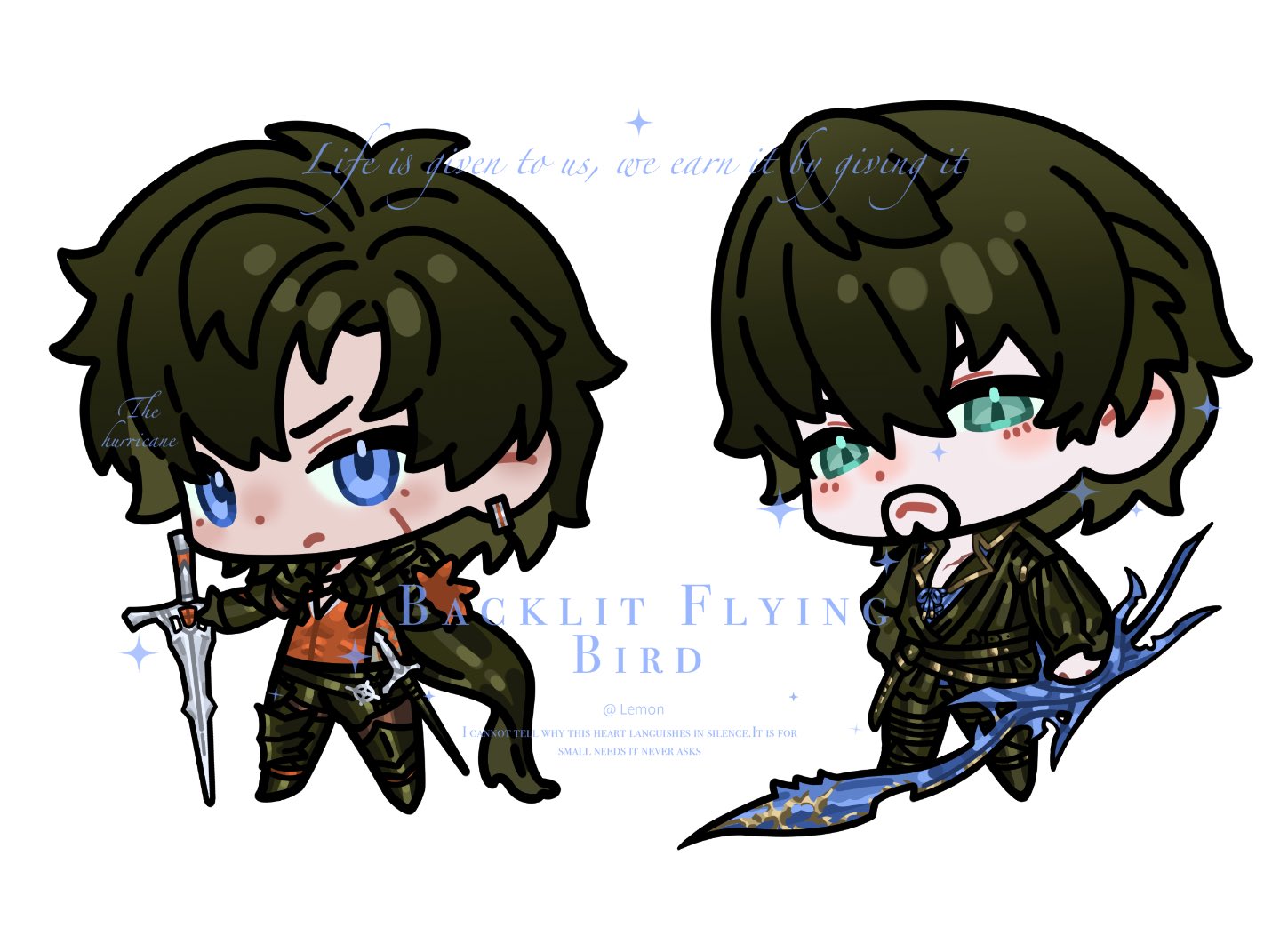 barnabas tharmr, clive rosfield, final fantasy, final fantasy xvi, 2boys, armored boots, beard, black cloak, black hair, black pants, blue eyes, boots, chibi, chibi only, cloak, closed mouth, english text, facial hair, facial scar, frown, furrowed brow, goatee, green eyes, hair between eyes, hand on own hip, holding, holding sword, holding weapon, lmoosgu, male focus, multiple boys, pants, red vest, scar, scar on cheek, scar on chest, scar on face, sword, twitter username, vest, weapon, white background