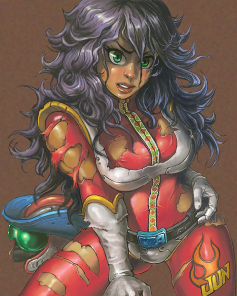 pipipi, honoo jun, great mazinger, mazinger (series), toei company, pilot suit, 1970s (style), 1girl, belt, black hair, bodysuit, curly hair, dark-skinned female, dark skin, female focus, gloves, green eyes, helmet, lipstick, looking at viewer, makeup, oldschool, retro artstyle, simple background, solo, tan, torn clothes