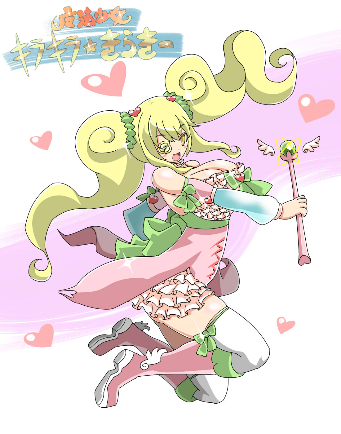 itini-sanshi, kirakishou, rozen maiden, commentary request, highres, translation request, 1girl, :d, alternate breast size (larger), alternate costume, alternate hairstyle, blonde hair, blush, boots, bow, bowtie, breasts, detached sleeves, dress, flower, flower over eye, frilled dress, frills, full body, green bow, green bowtie, heart, holding, holding staff, large breasts, long hair, looking at viewer, magical girl, open mouth, pink boots, pink dress, rose, sleeve bow, smile, solo, staff, thighhighs, twintails, white background, white sleeves, white thighhighs, yellow flower, yellow rose