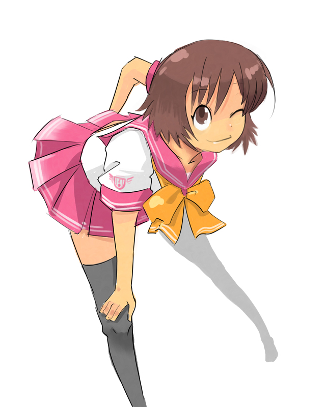 okera, bad id, bad pixiv id, 1girl, bent over, brown eyes, female focus, one eye closed, school uniform, serafuku, simple background, skirt, smile, solo, spread legs, standing, thighhighs, white background, wink