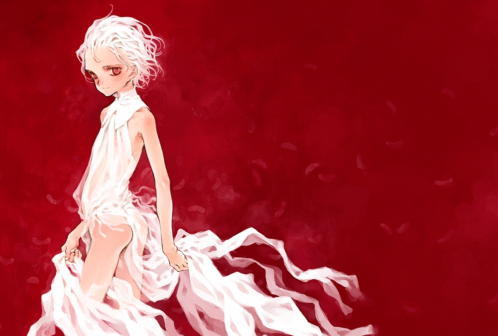 ooyari ashito, copyright request, 1girl, albino, blonde hair, blush, collared dress, dress, female focus, loli, pinup (style), red background, red eyes, red theme, see-through clothes, see-through dress, simple background, solo