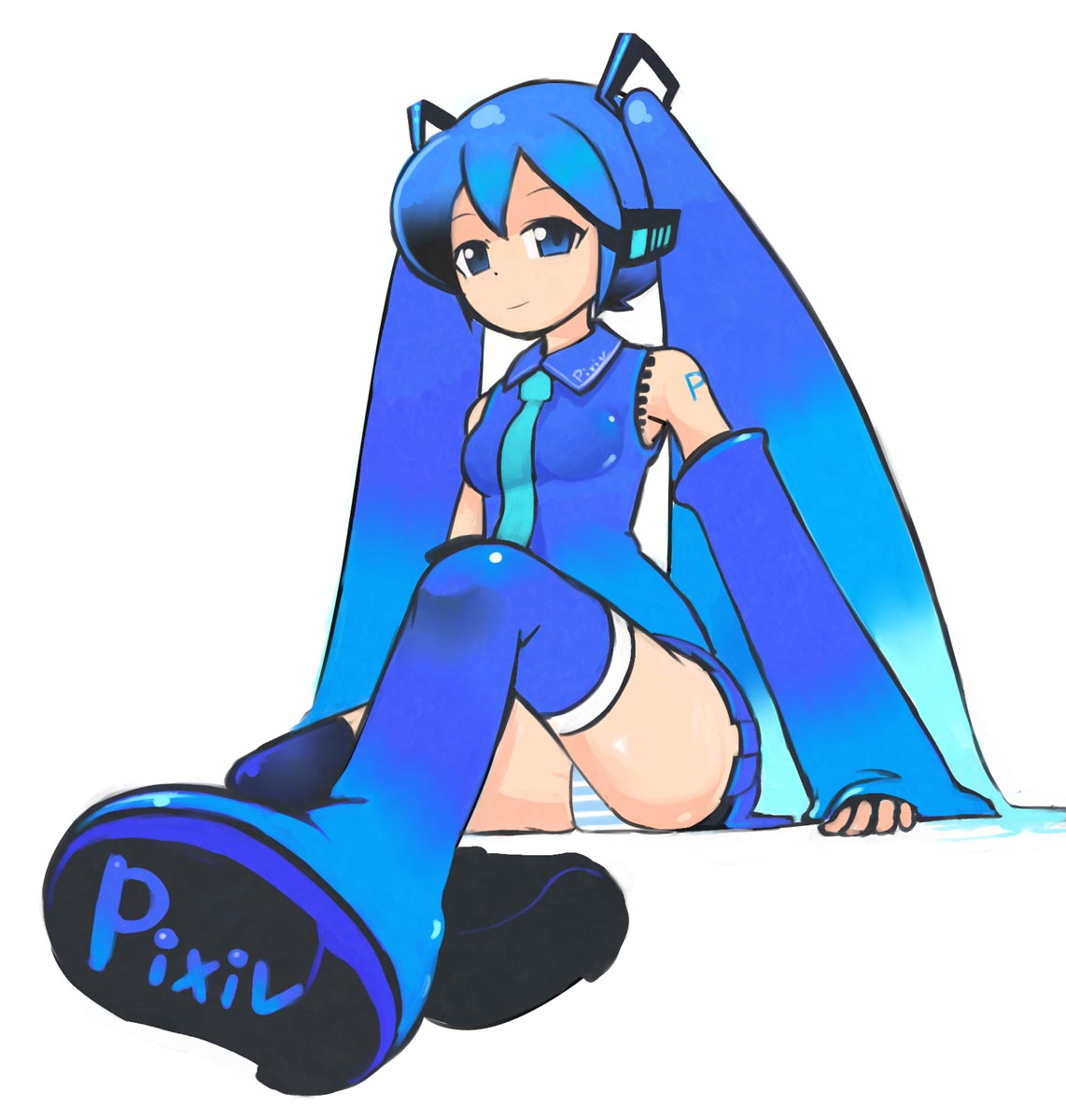 okera, hatsune miku, pixiv-tan, pixiv, vocaloid, highres, 1girl, blue eyes, blue hair, detached sleeves, female focus, long hair, matching hair/eyes, necktie, panties, solo, striped clothes, striped panties, thighhighs, twintails, underwear