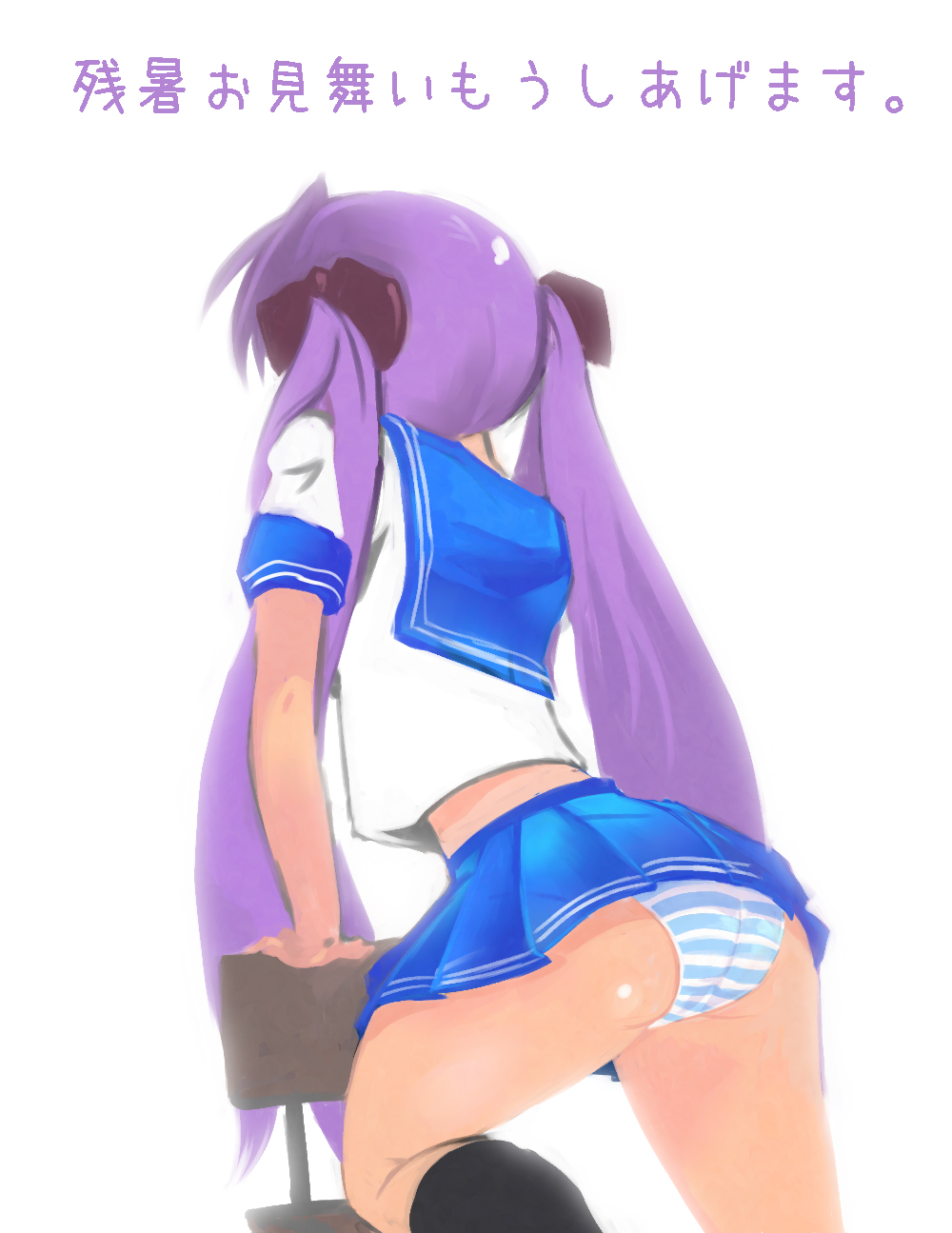 okera, hiiragi kagami, lucky star, highres, translation request, 00s, 1girl, ass, chair, female focus, hair ribbon, long hair, midriff, panties, pantyshot, pleated skirt, purple hair, ribbon, school uniform, serafuku, skirt, solo, striped clothes, striped panties, thighs, twintails, underwear, very long hair, zanshomimai